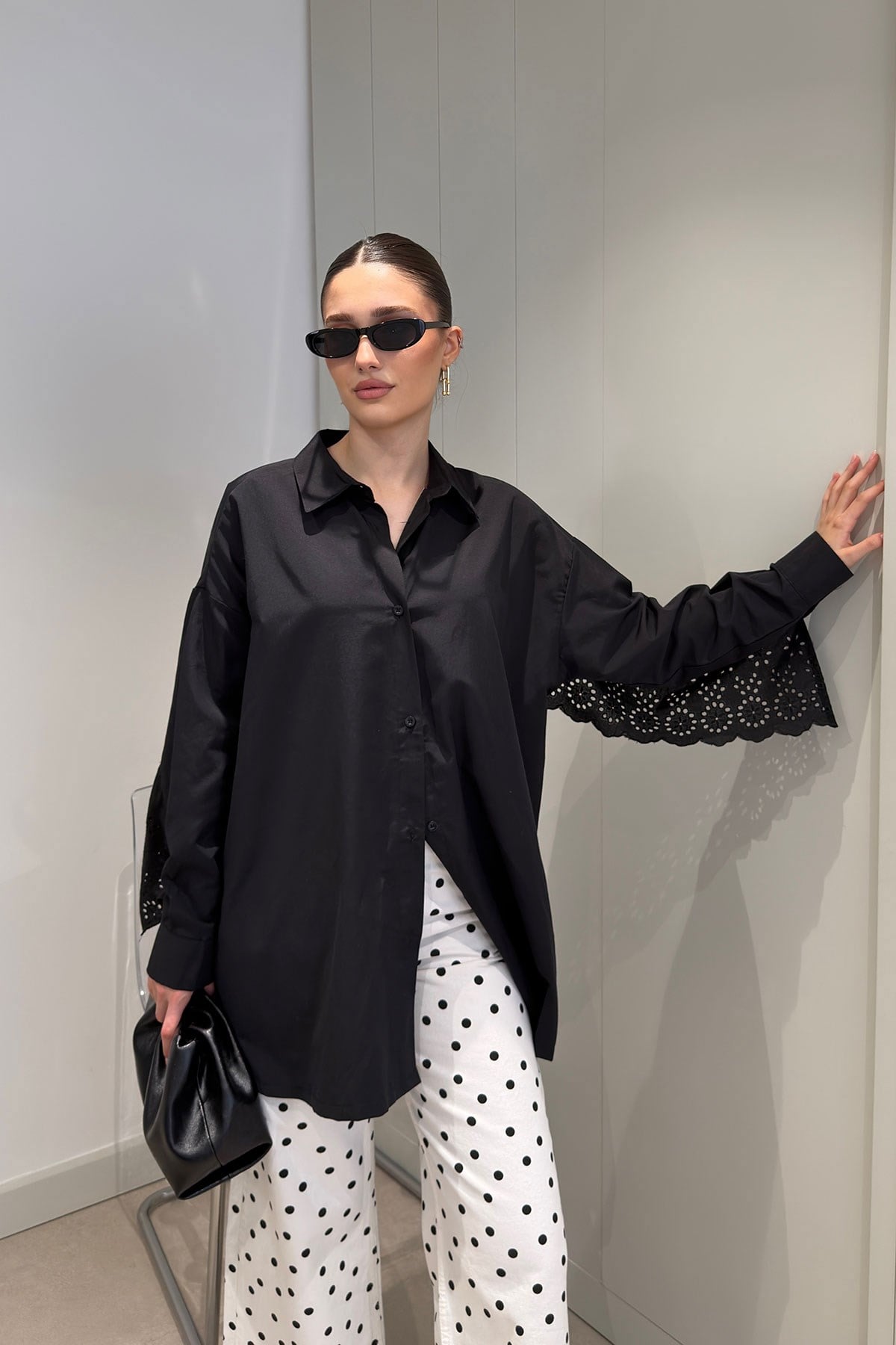 Fisto Detay Oversize Poplin Gömlek- SİYAH