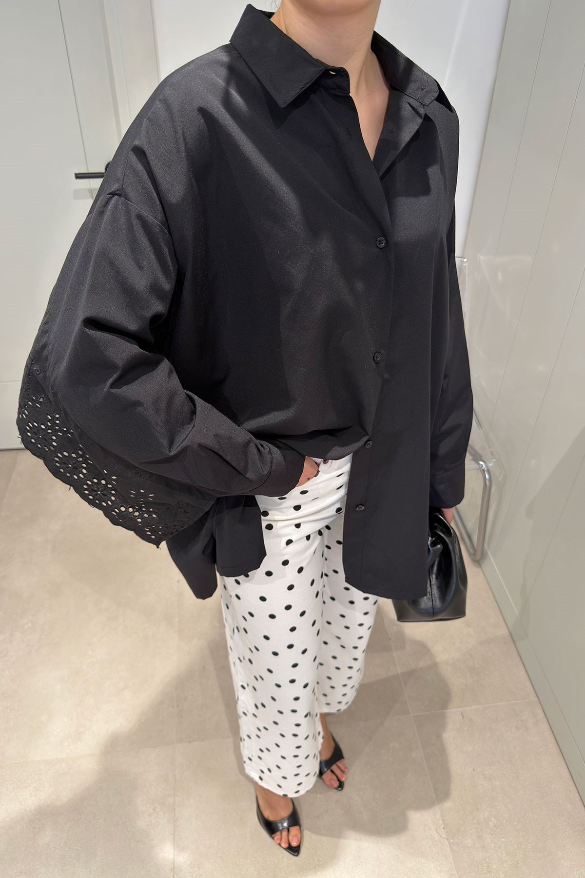 Fisto Detay Oversize Poplin Gömlek- SİYAH