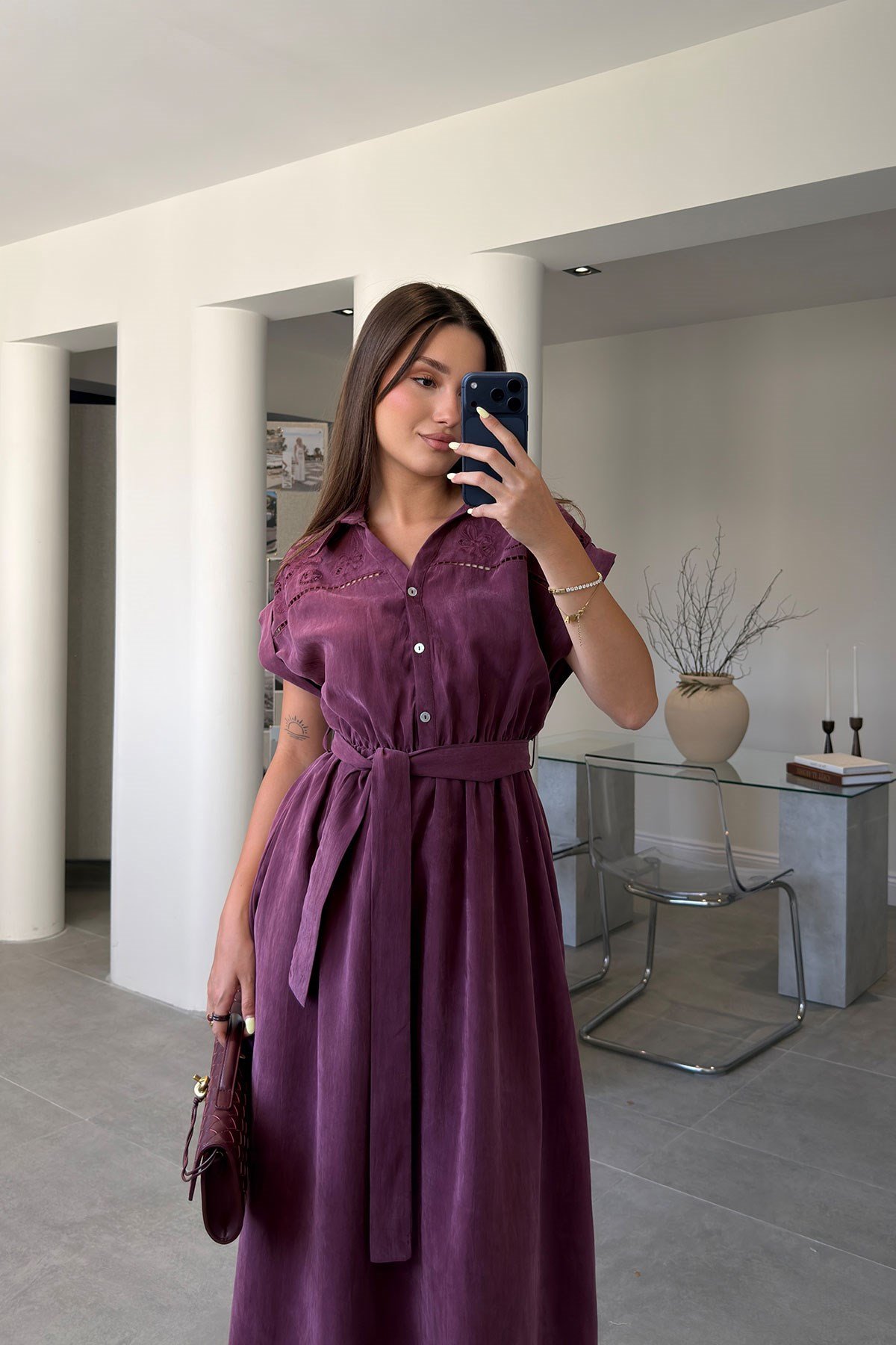 Fisto Detaylı Tensel Elbise- BORDO