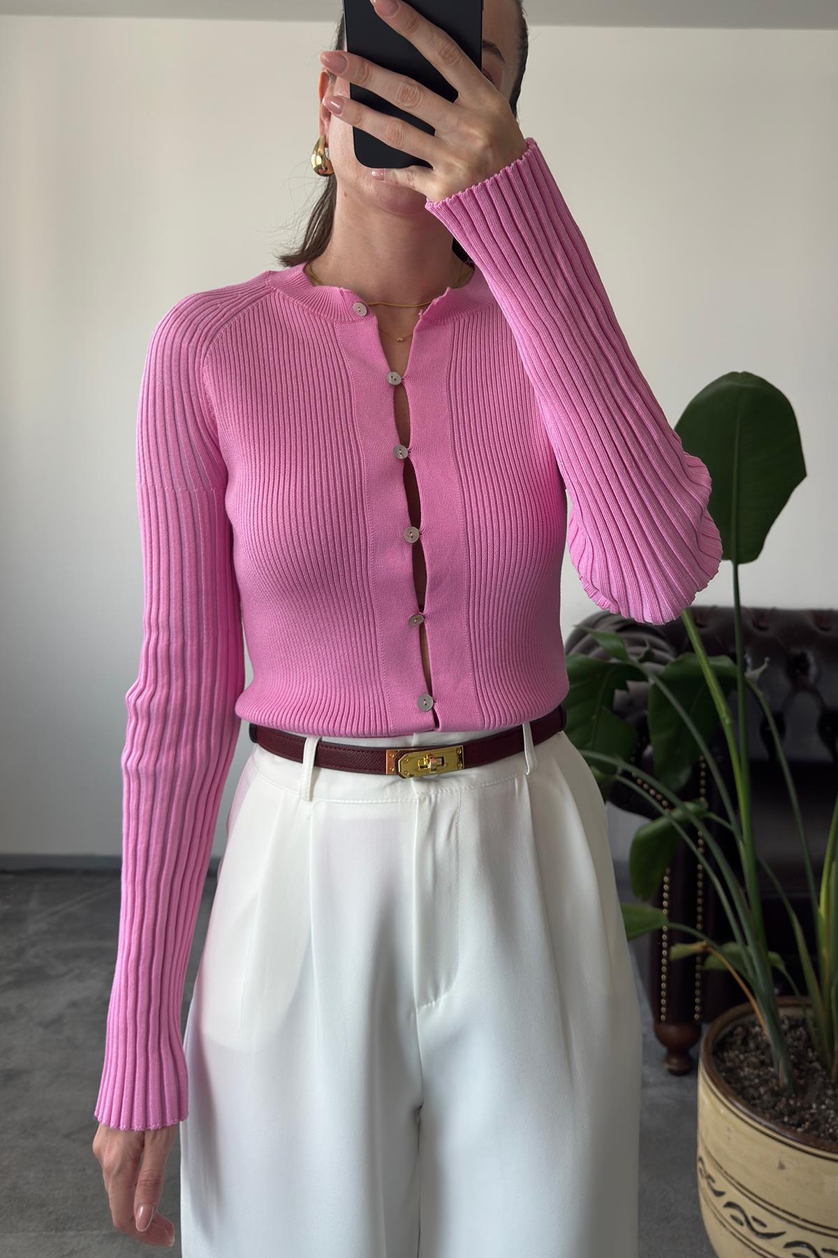 Fitilli Düğmeli Özel Seri Hırka- PEMBE