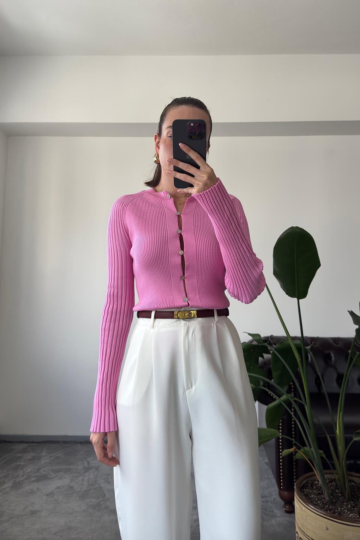Fitilli Düğmeli Özel Seri Hırka- PEMBE