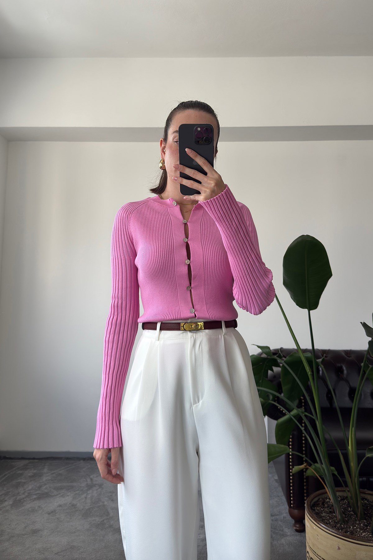 Fitilli Düğmeli Özel Seri Hırka- PEMBE