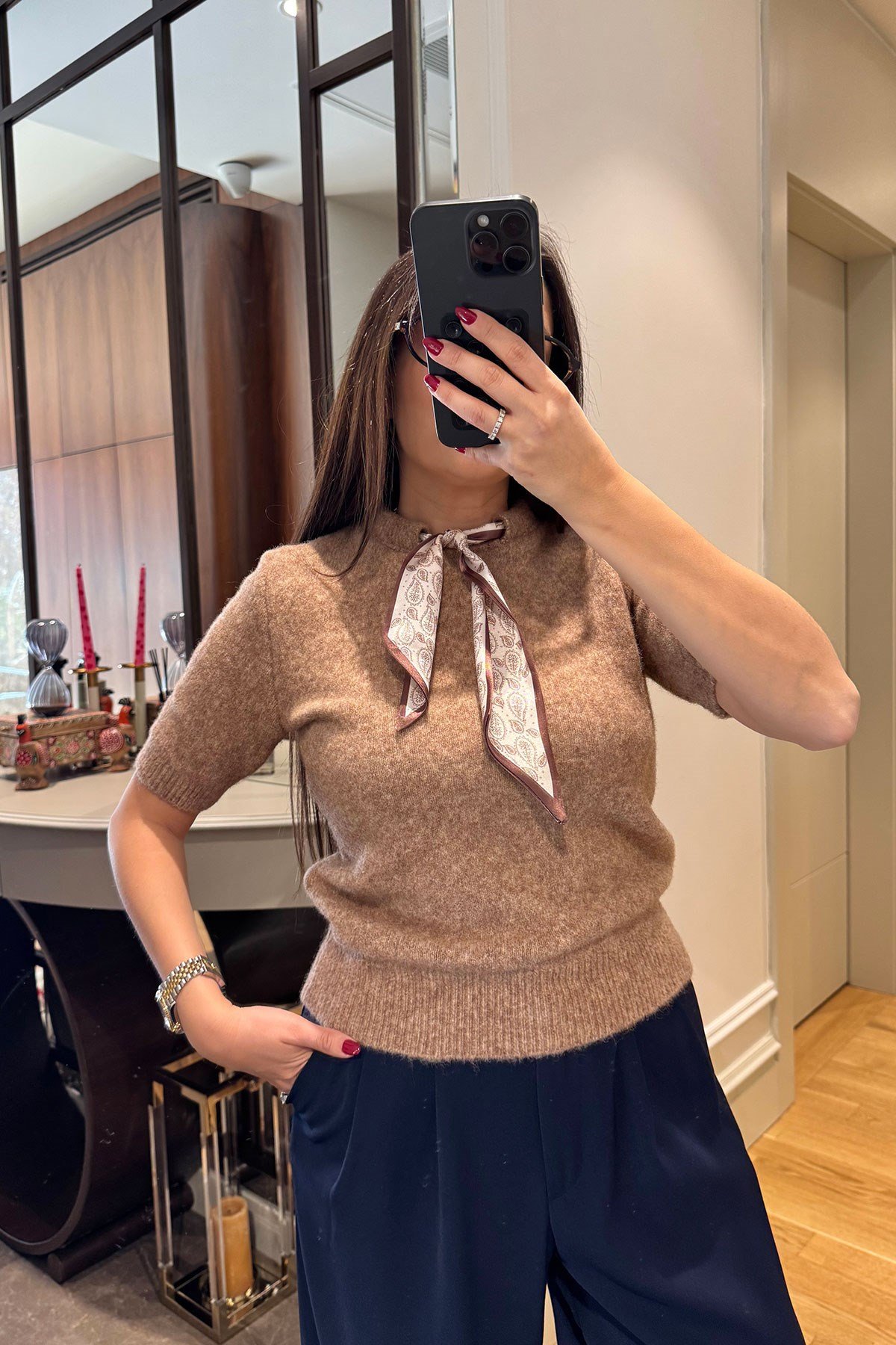 Fluarlı Kısa Kol Premium Triko Kazak- CAMEL
