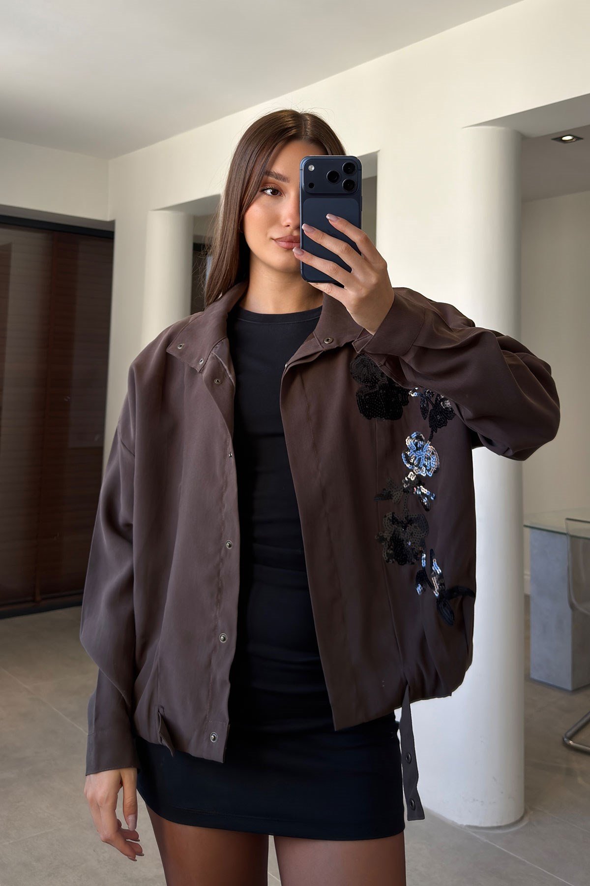 Gabardin Nakış İşlemeli Bomber Ceket- KAHVERENGİ