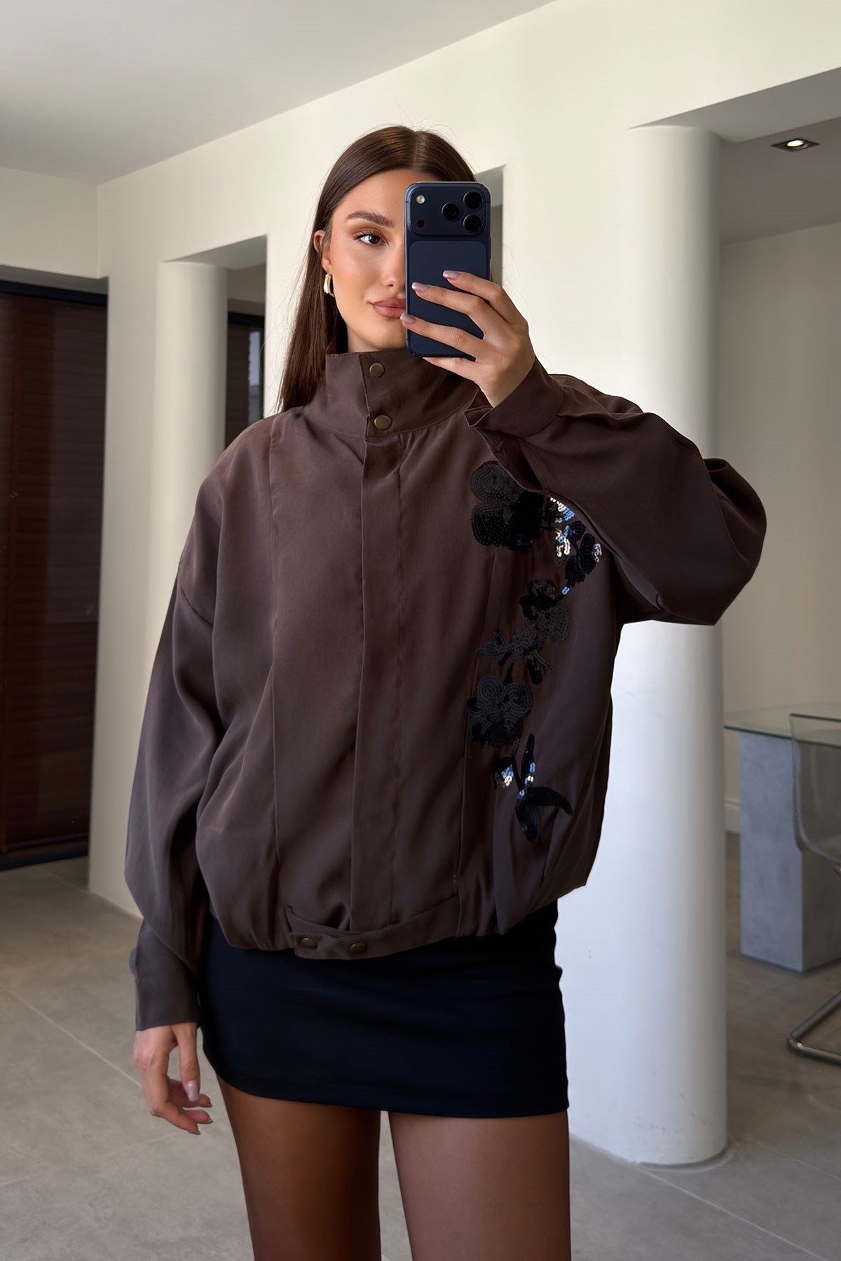 Gabardin Nakış İşlemeli Bomber Ceket- KAHVERENGİ