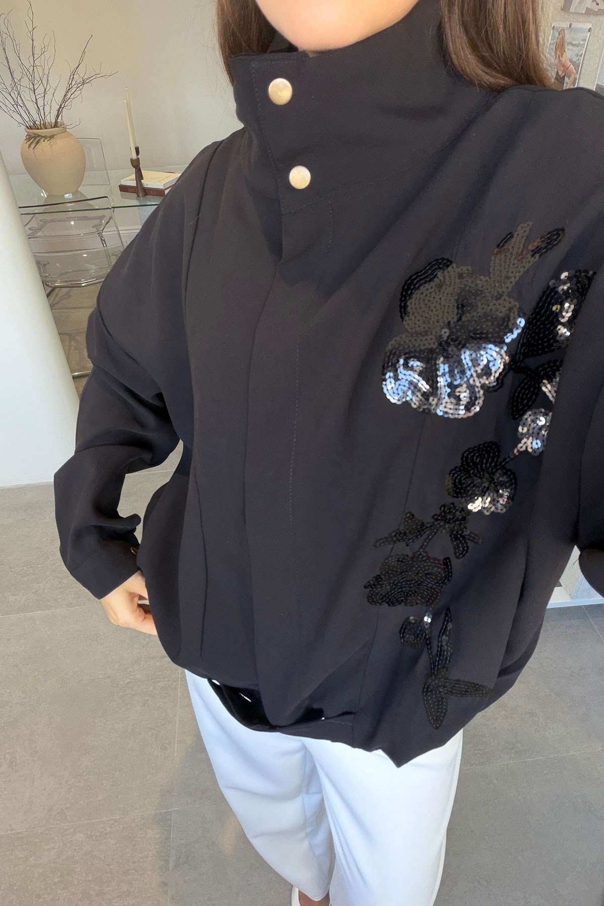 Gabardin Nakış İşlemeli Bomber Ceket- SİYAH