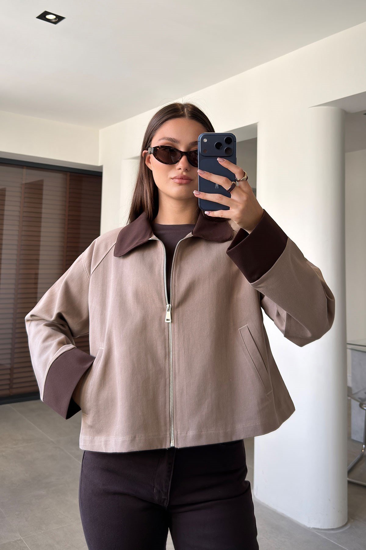 Gabardin Önü Fermuarlı Bomber Ceket- VİZON