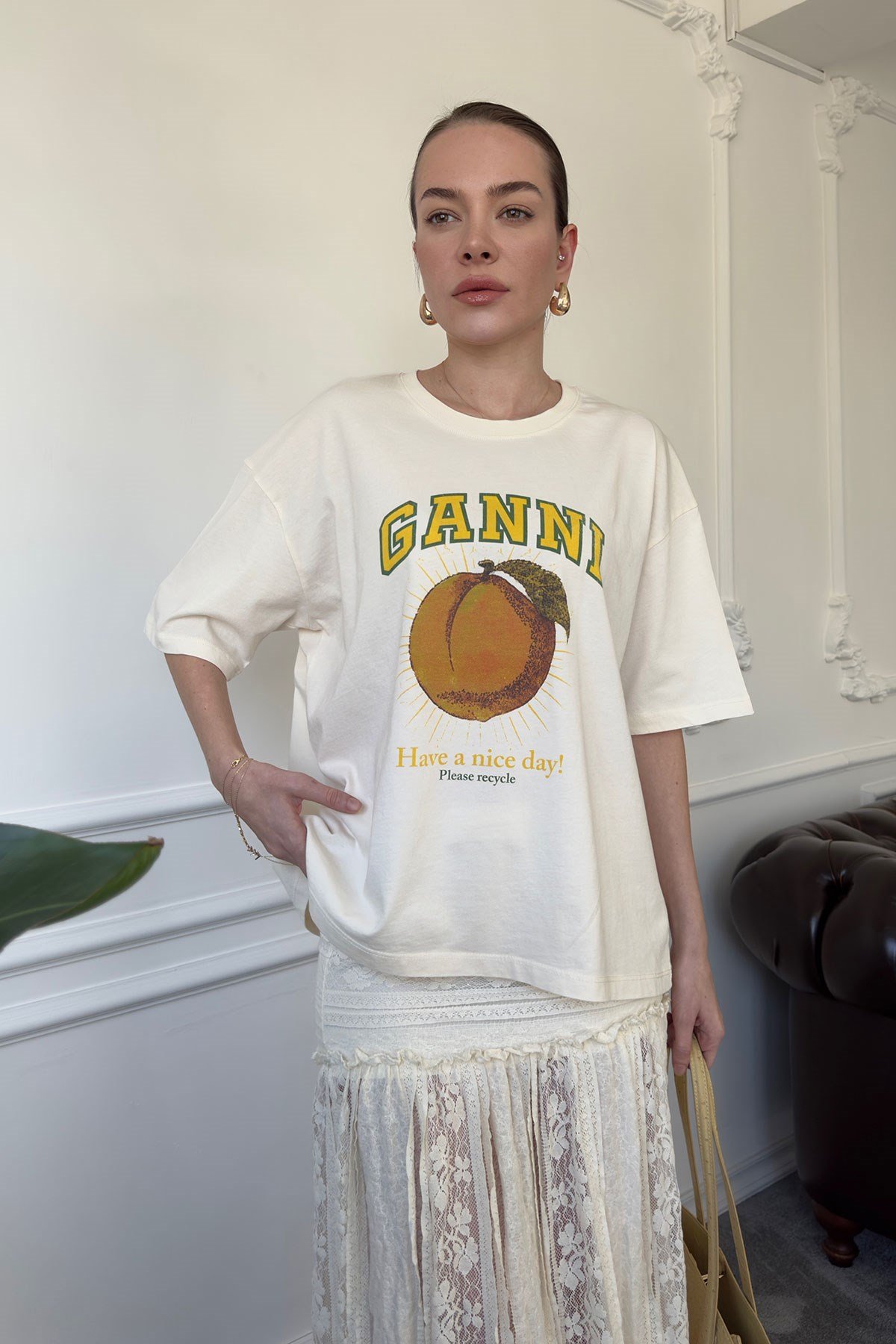 Ganni Baskılı Tshirt- BEJ