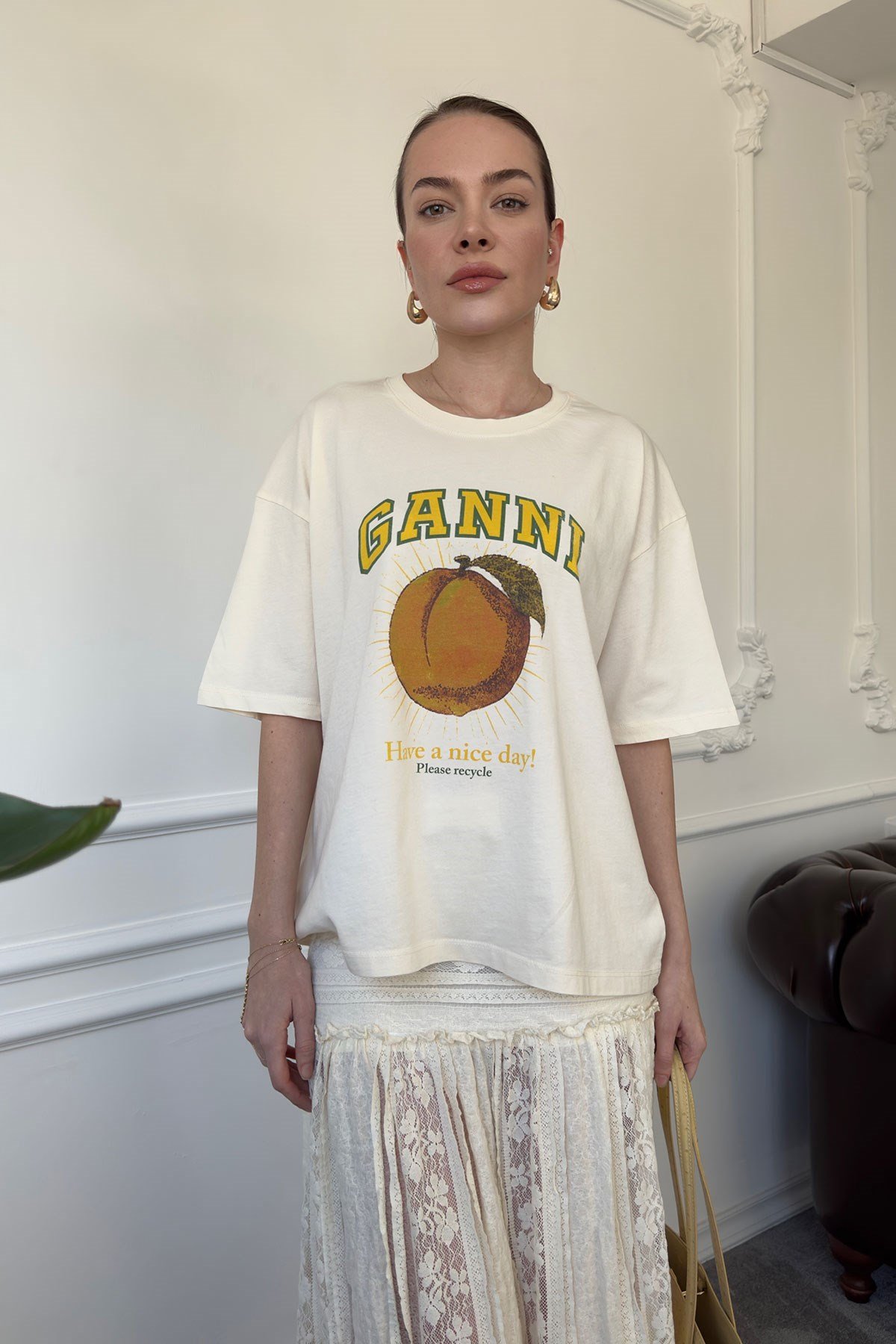 Ganni Baskılı Tshirt- BEJ