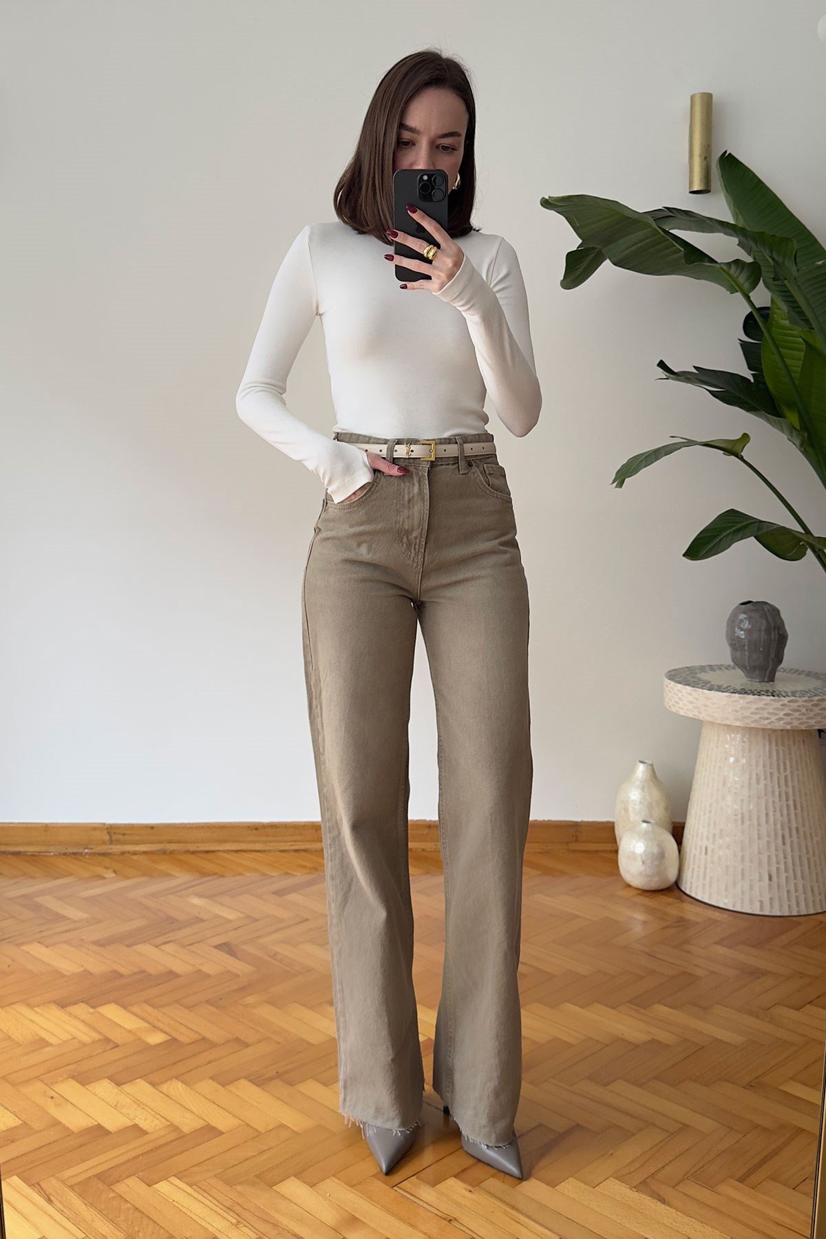 Geniş Kesik Paça Premium Jean- BEJ