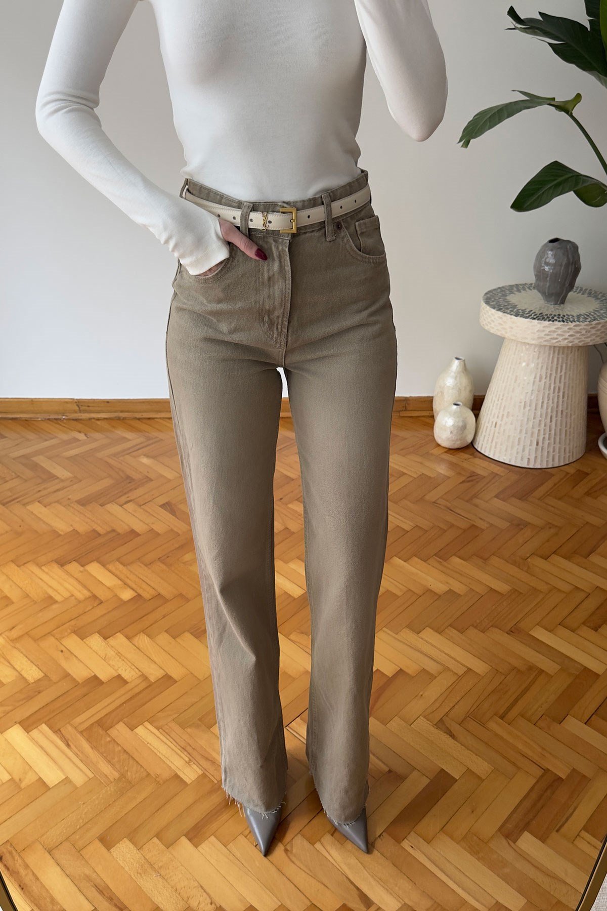 Geniş Kesik Paça Premium Jean- BEJ