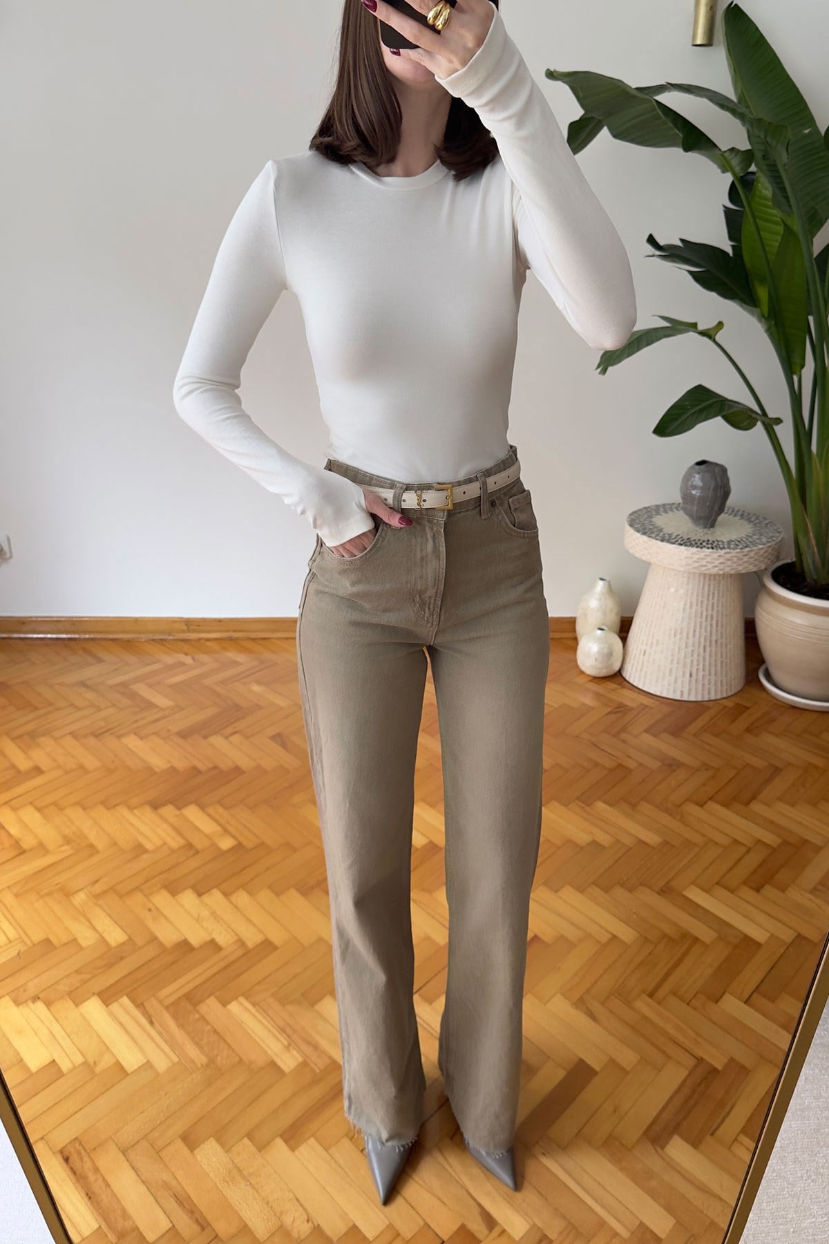 Geniş Kesik Paça Premium Jean- BEJ