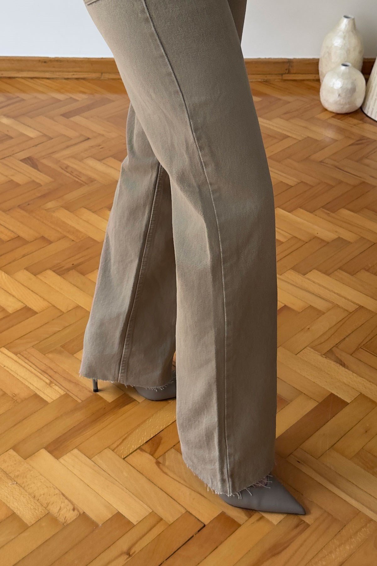 Geniş Kesik Paça Premium Jean- BEJ