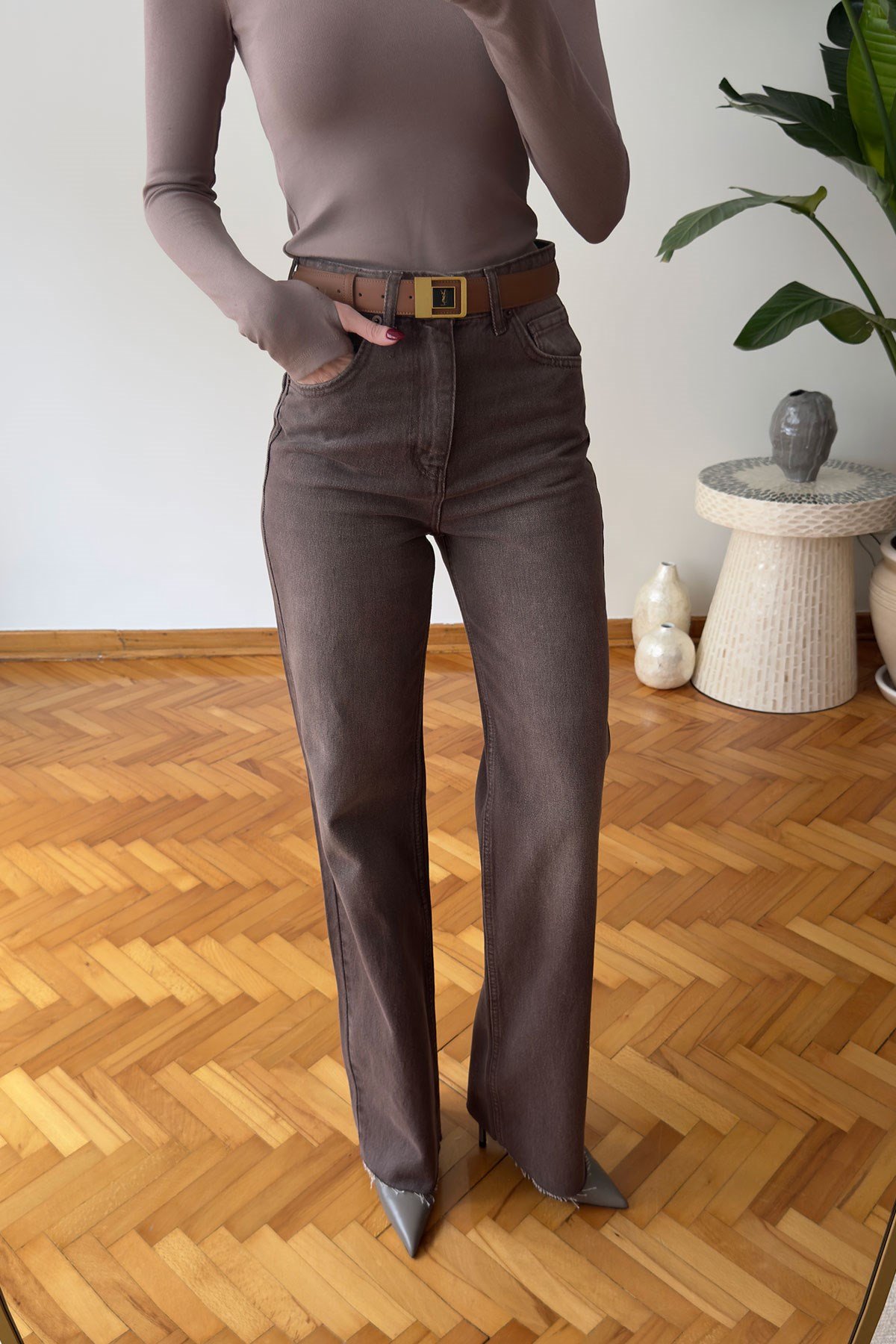 Geniş Kesik Paça Premium Jean- KAHVERENGİ