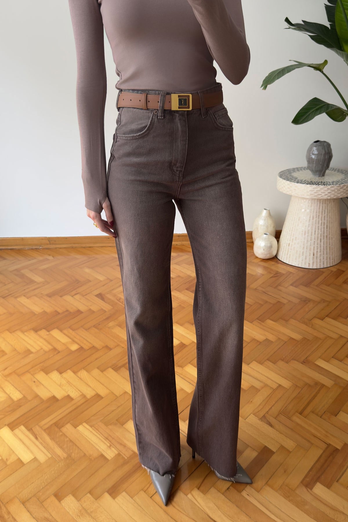 Geniş Kesik Paça Premium Jean- KAHVERENGİ