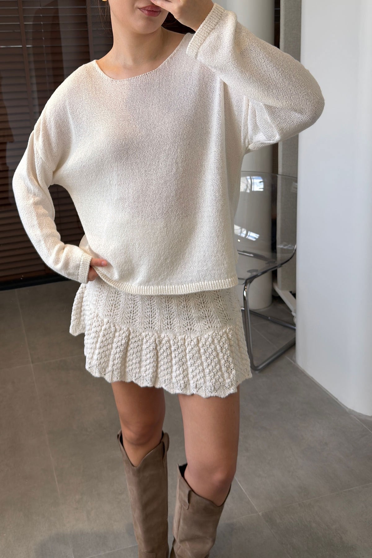 Geniş Yaka Basic Merserize Triko- EKRU