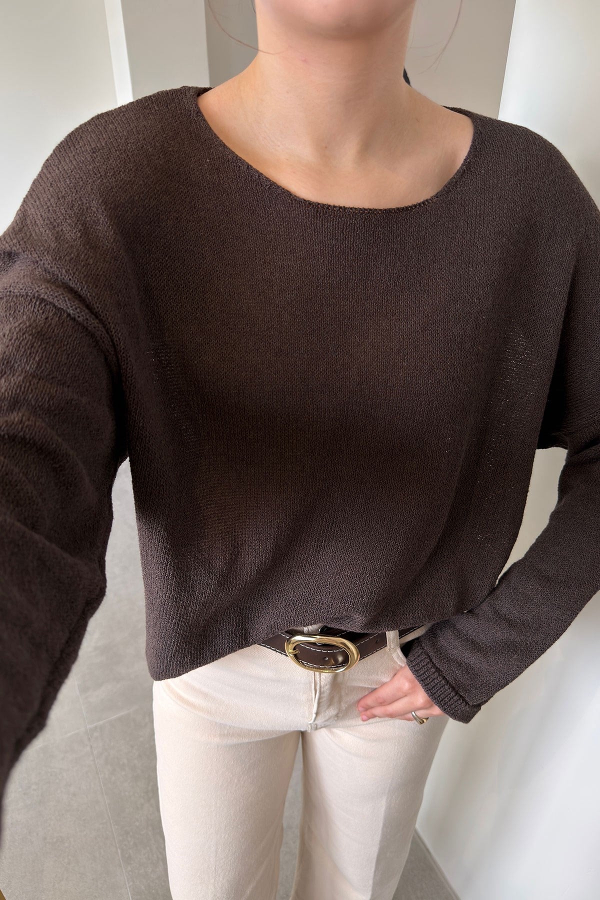 Geniş Yaka Basic Merserize Triko- KAHVERENGİ