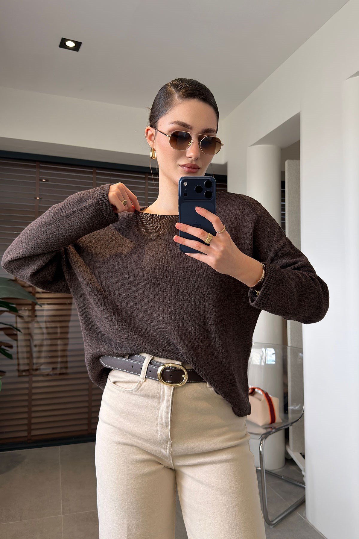 Geniş Yaka Basic Merserize Triko- KAHVERENGİ