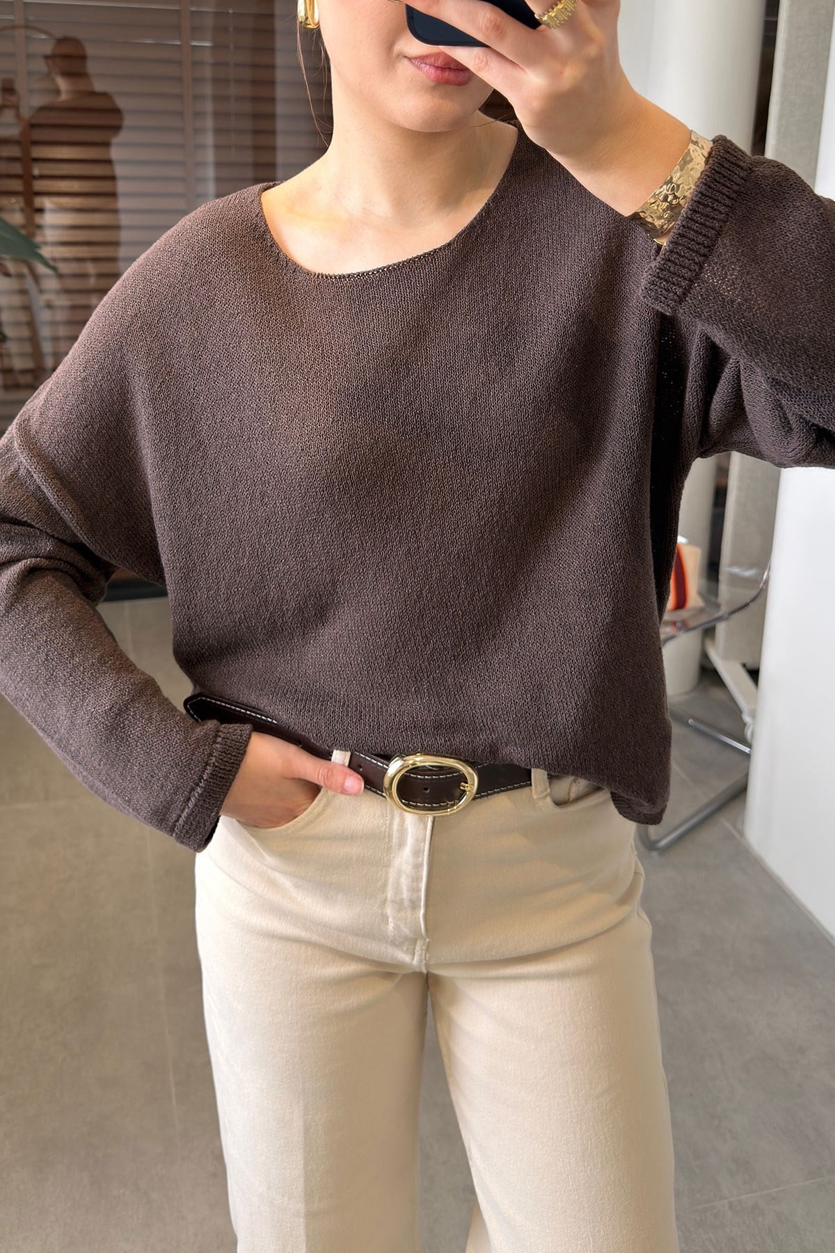 Geniş Yaka Basic Merserize Triko- KAHVERENGİ