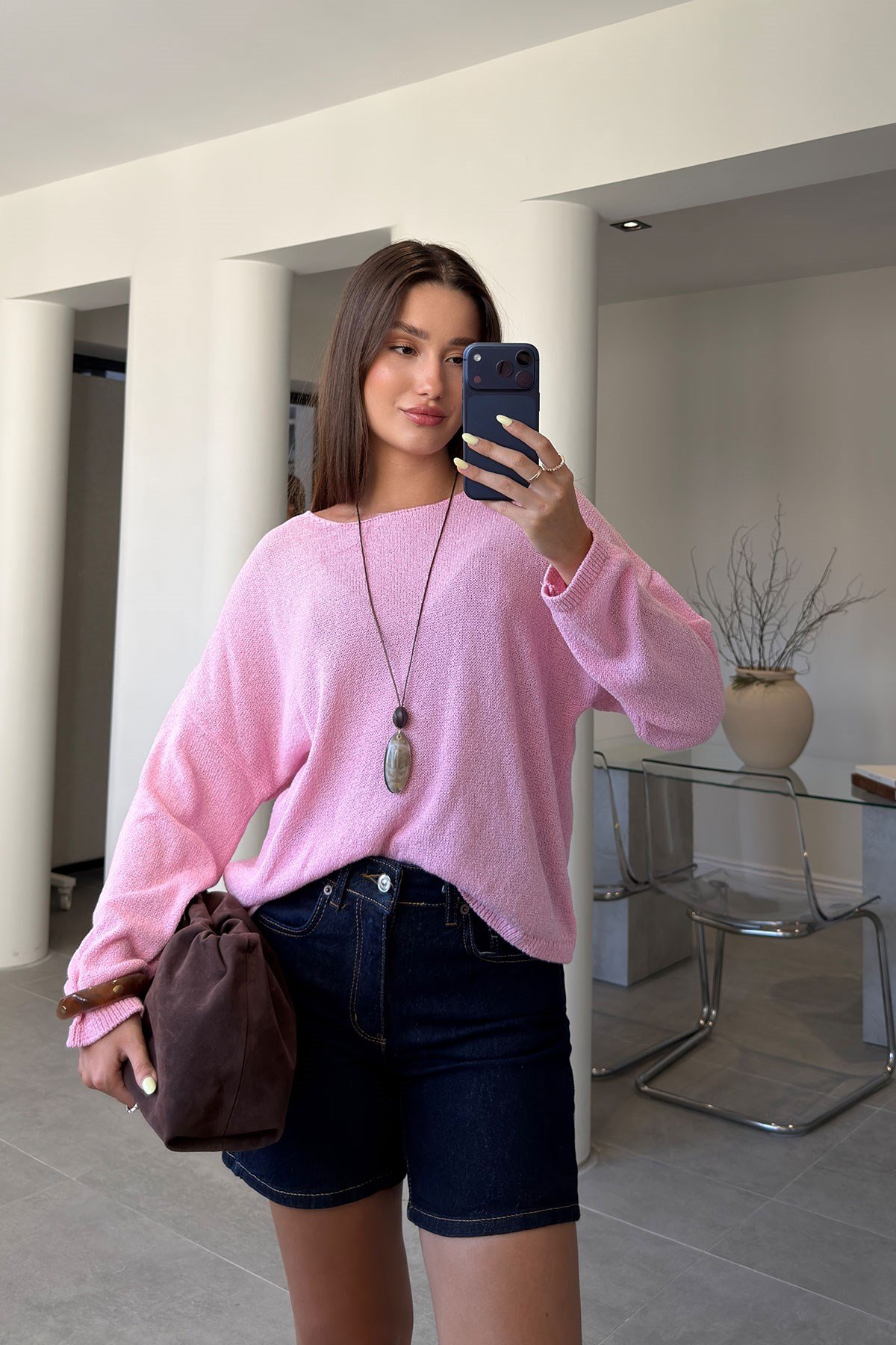 Geniş Yaka Basic Merserize Triko- PEMBE