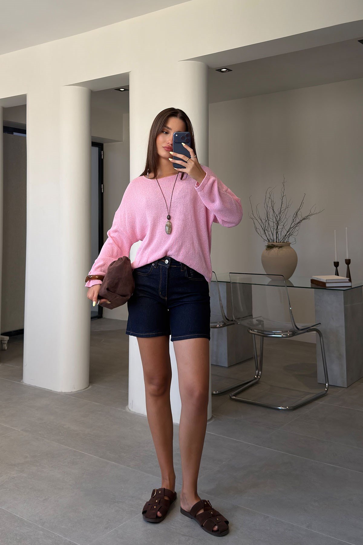 Geniş Yaka Basic Merserize Triko- PEMBE