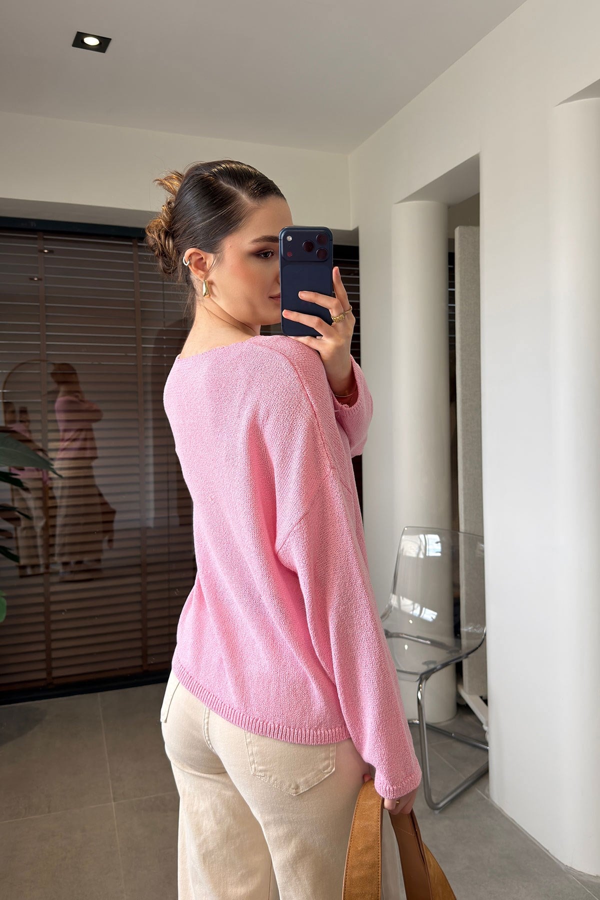 Geniş Yaka Basic Merserize Triko- PEMBE