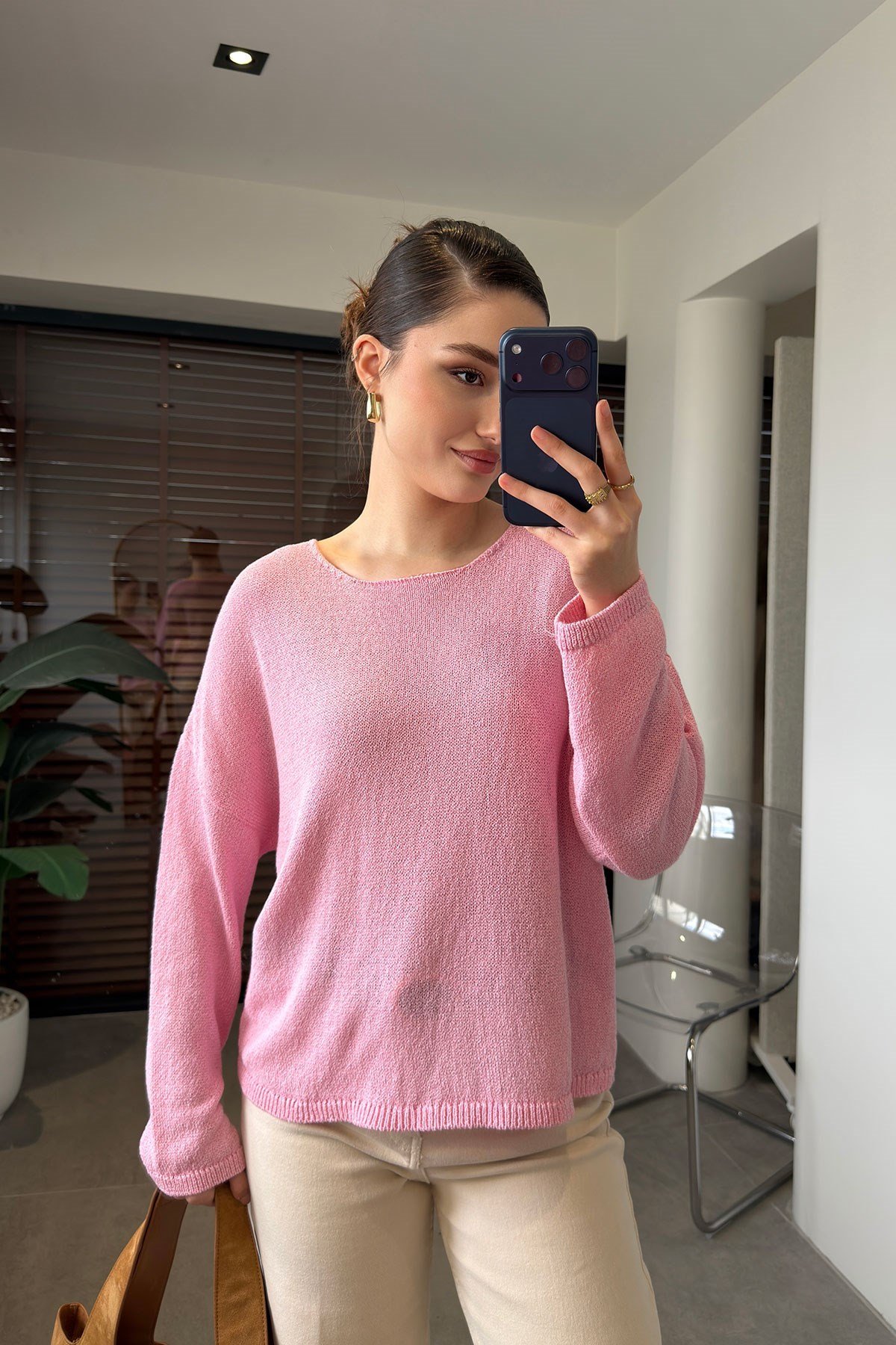 Geniş Yaka Basic Merserize Triko- PEMBE