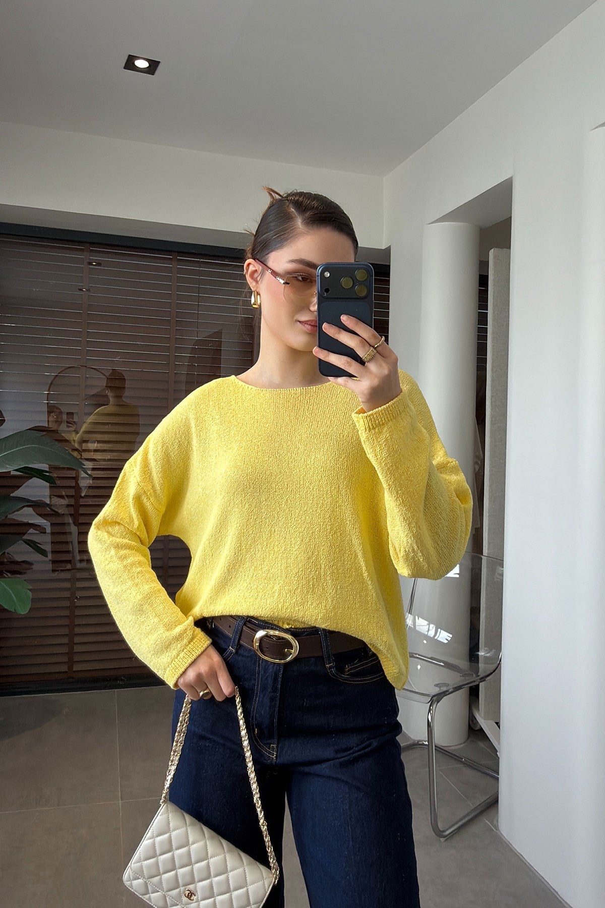 Geniş Yaka Basic Merserize Triko- SARI