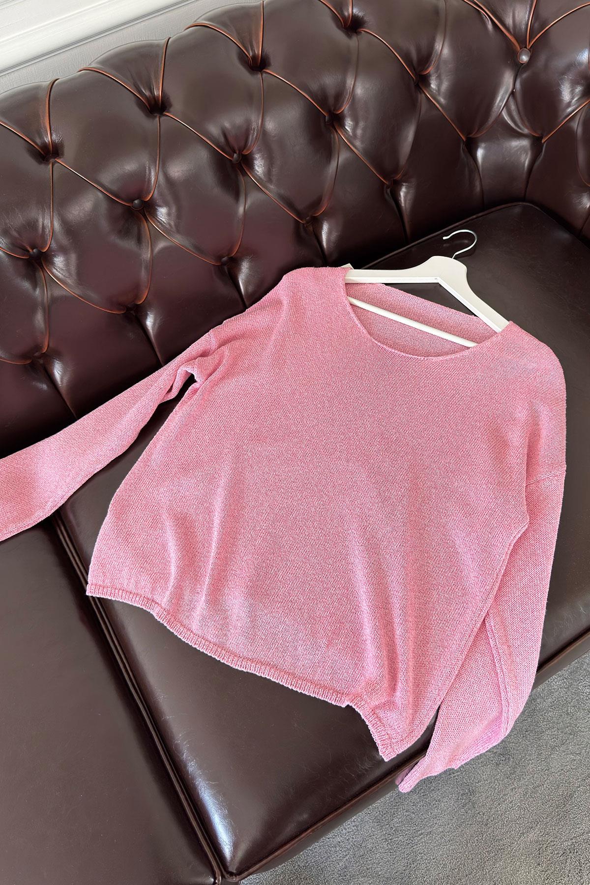 Geniş Yaka Basic Triko Kazak- PEMBE