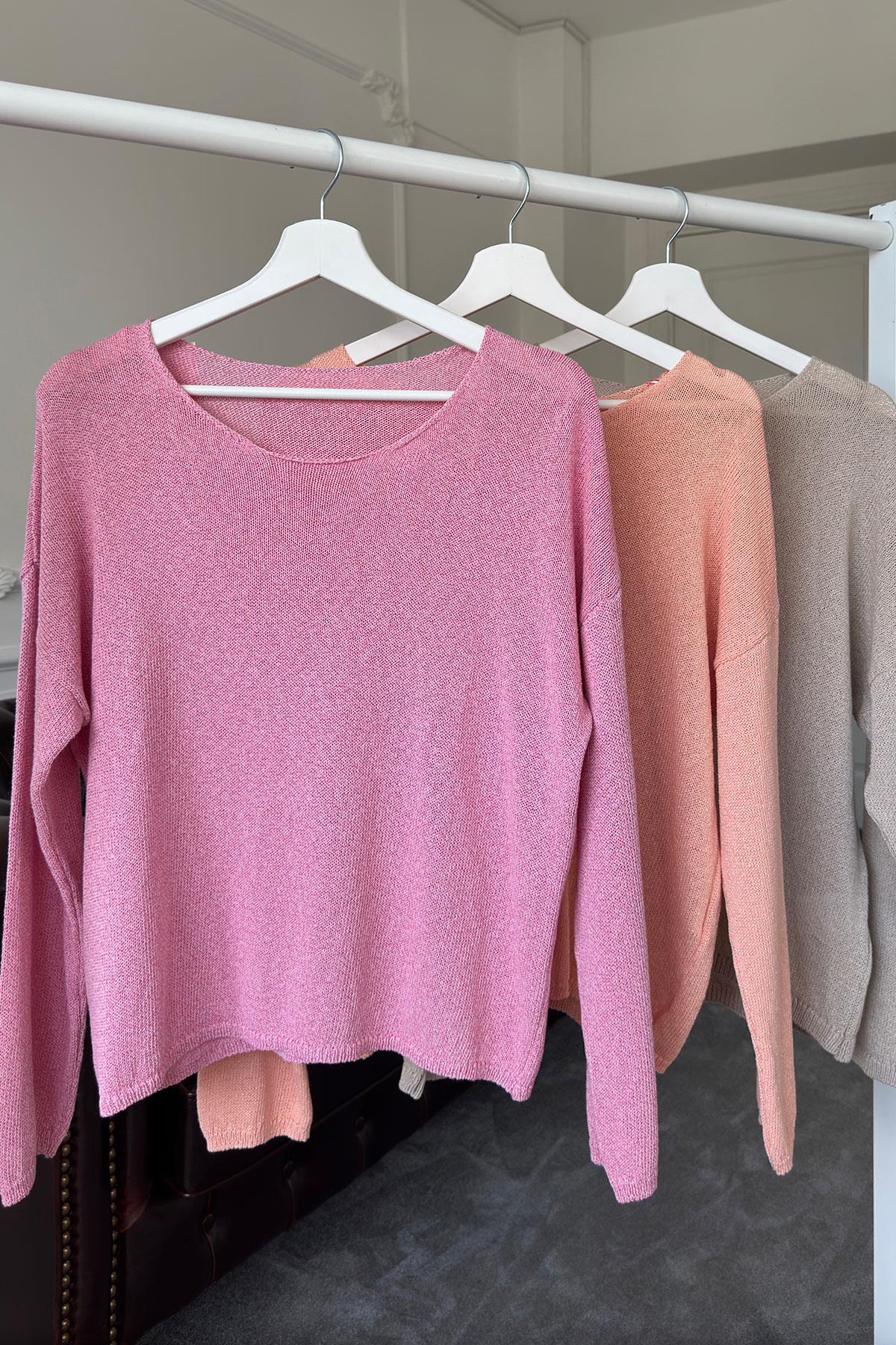 Geniş Yaka Basic Triko Kazak- PEMBE