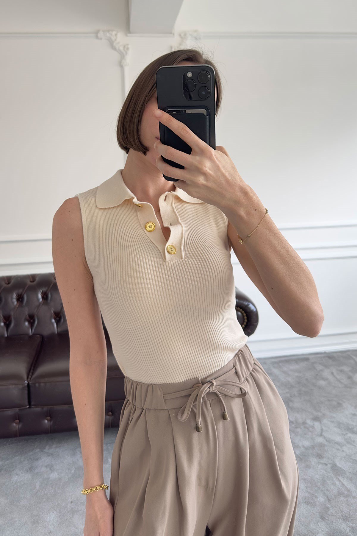 Gold Düğmeli Fitilli Atlet- BEJ