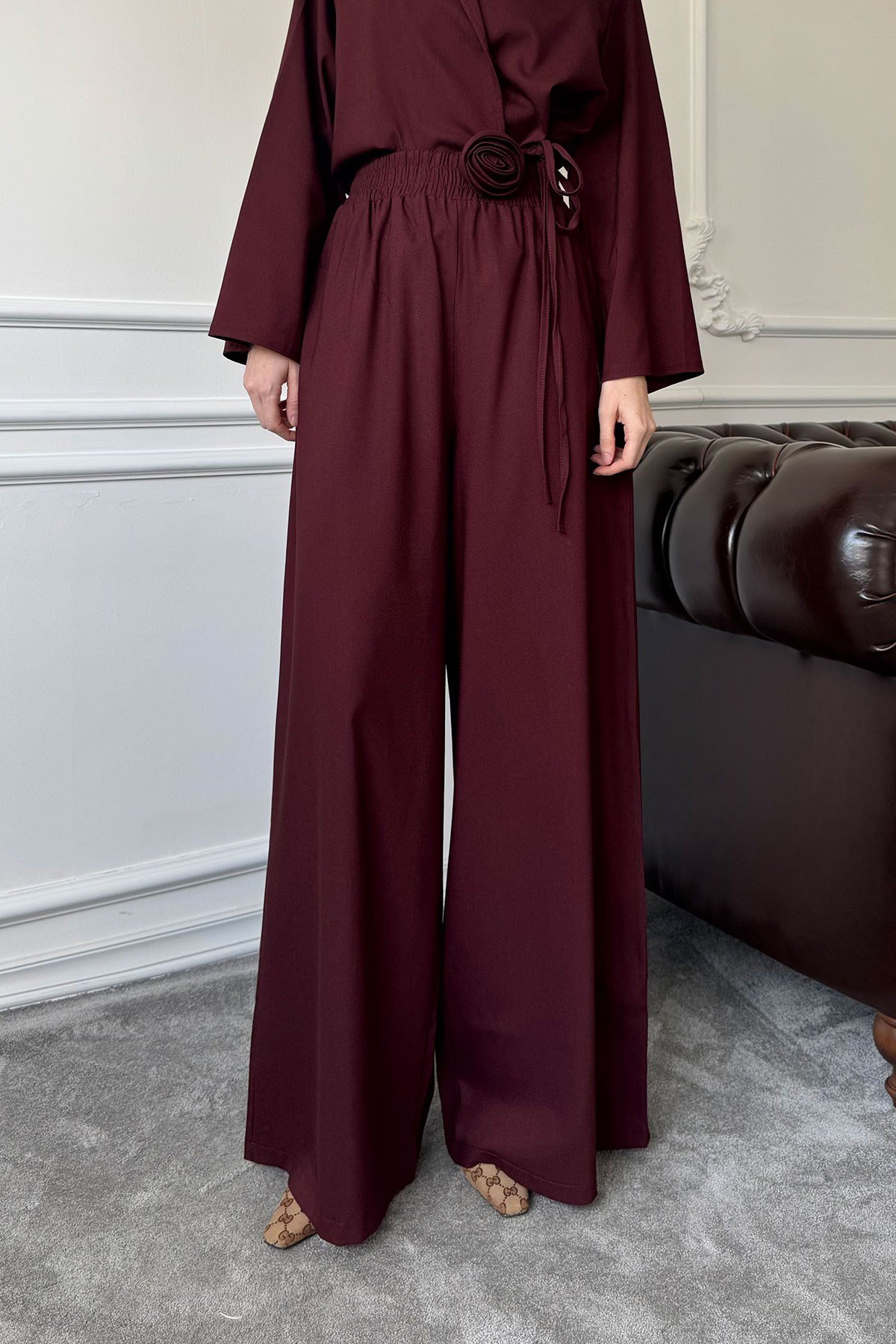 Gül Detay Beli Lastikli Kimono Takım- BORDO