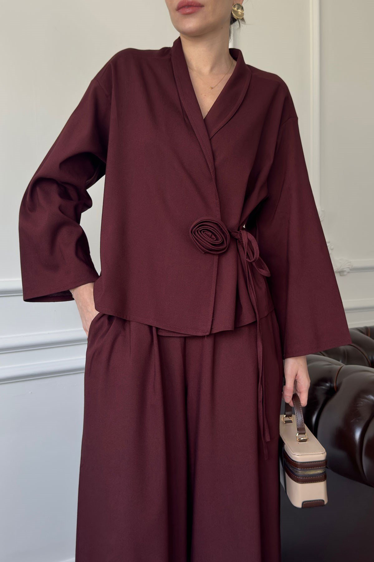 Gül Detay Beli Lastikli Kimono Takım- BORDO