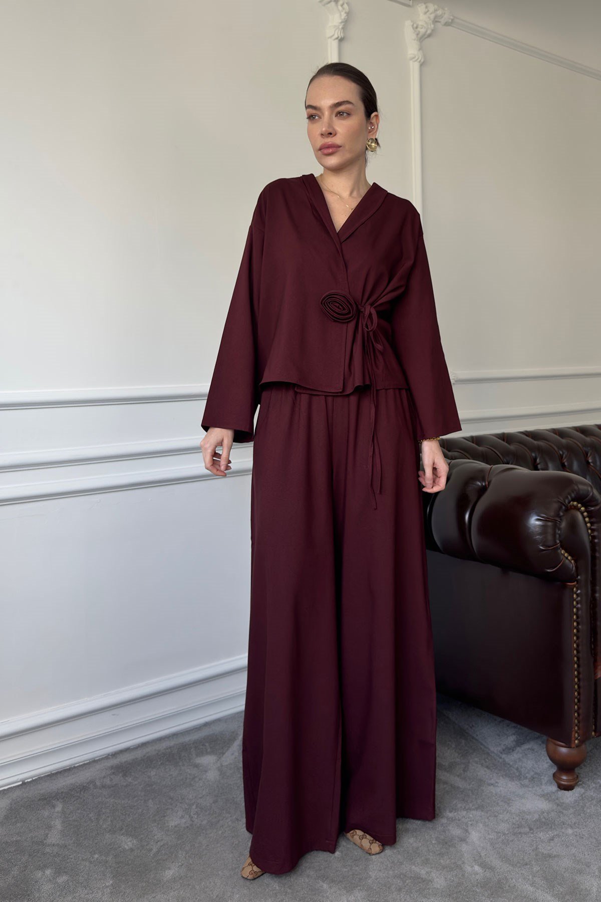 Gül Detay Beli Lastikli Kimono Takım- BORDO