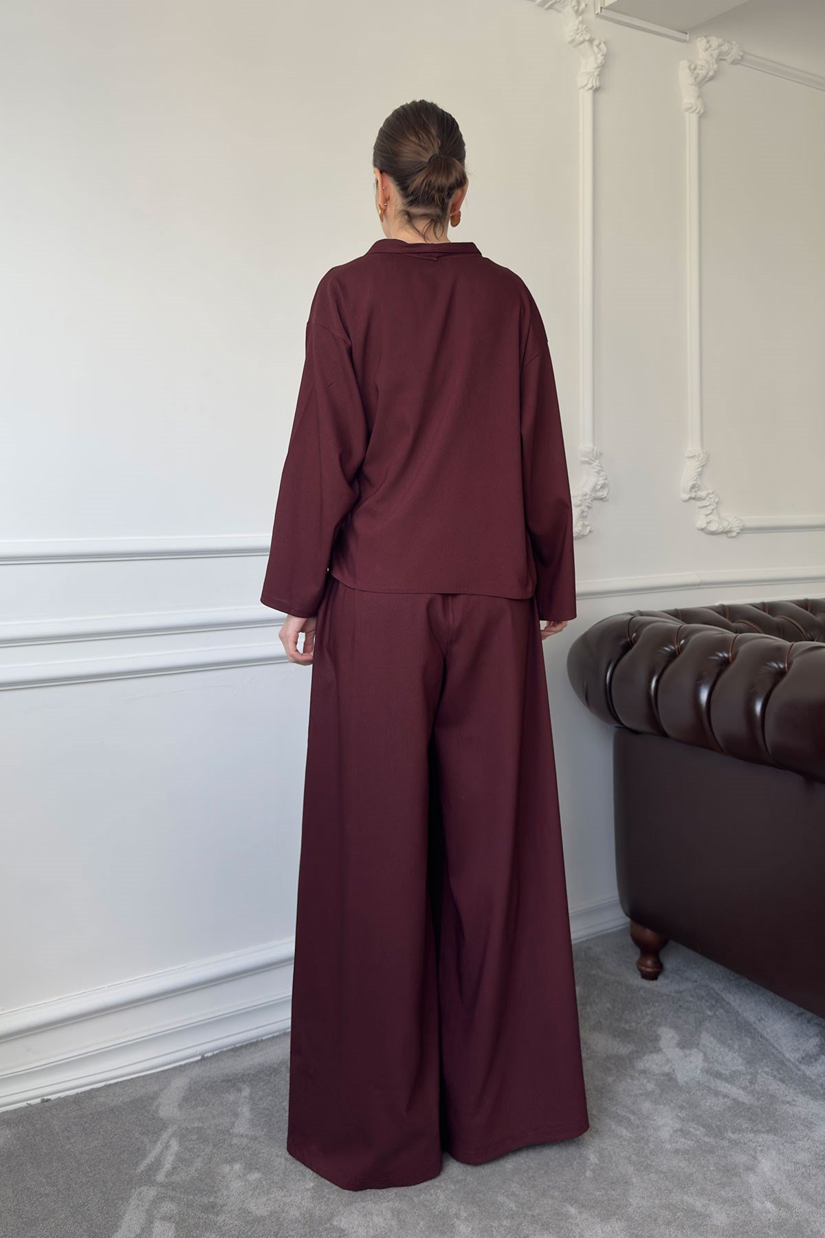 Gül Detay Beli Lastikli Kimono Takım- BORDO