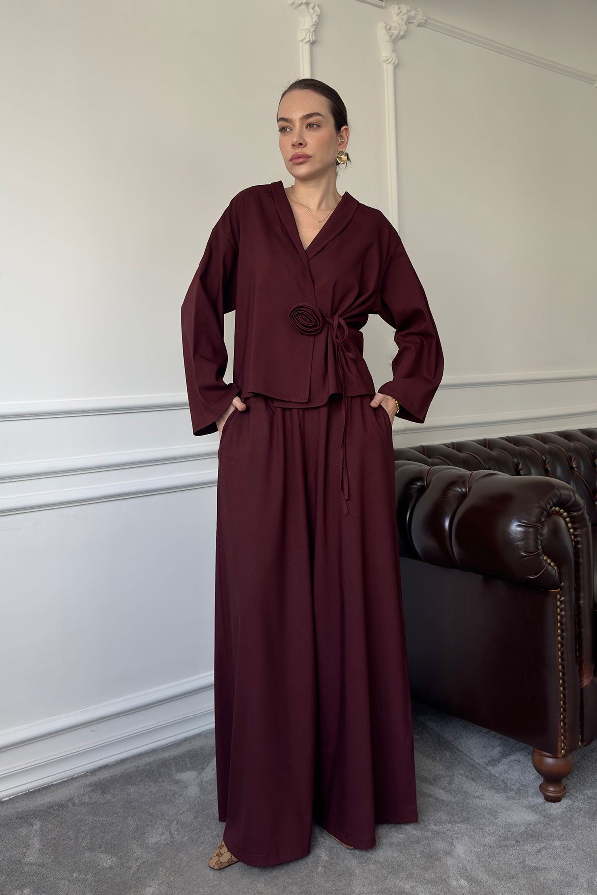 Gül Detay Beli Lastikli Kimono Takım- BORDO