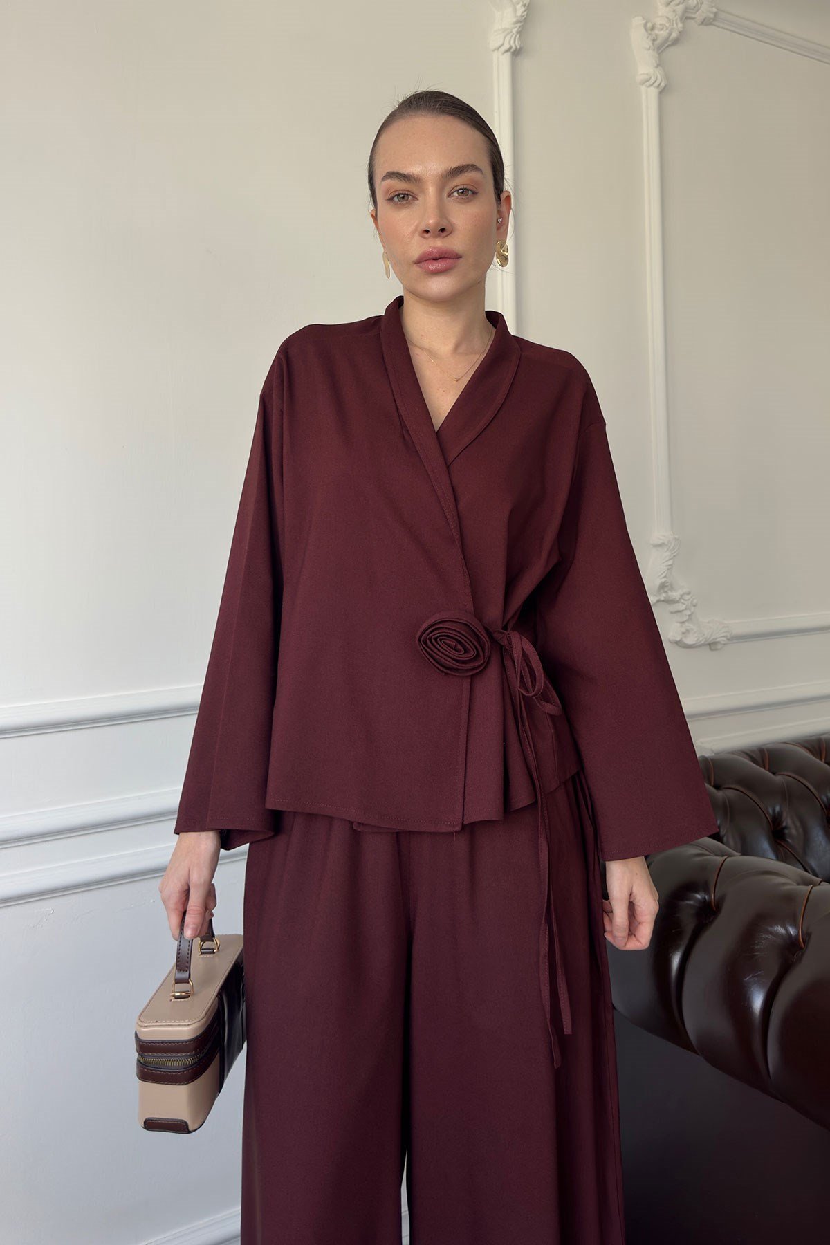 Gül Detay Beli Lastikli Kimono Takım- BORDO