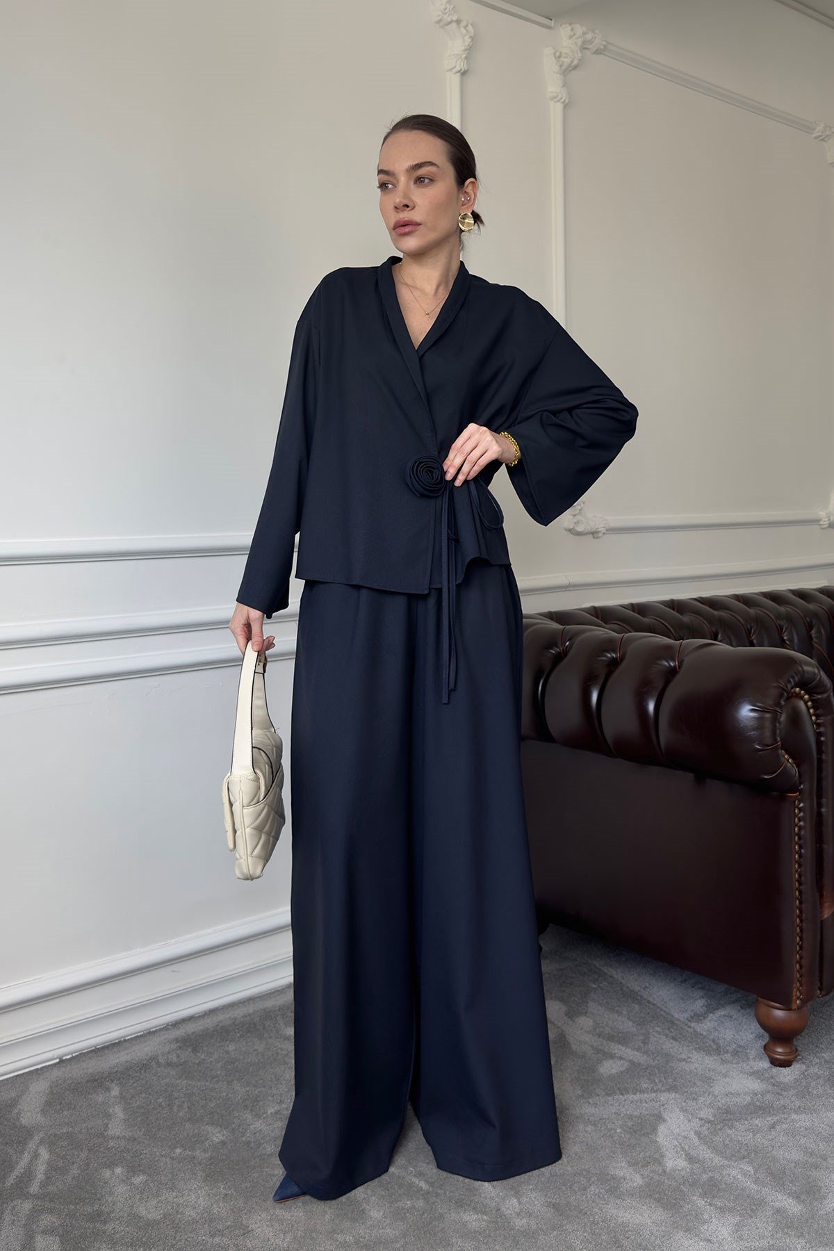 Gül Detay Beli Lastikli Kimono Takım- LACİVERT