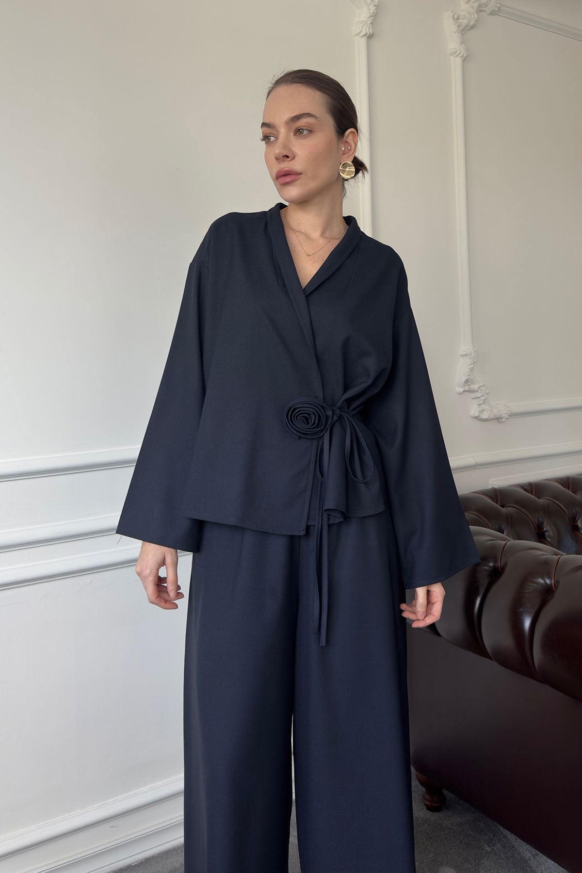 Gül Detay Beli Lastikli Kimono Takım- LACİVERT