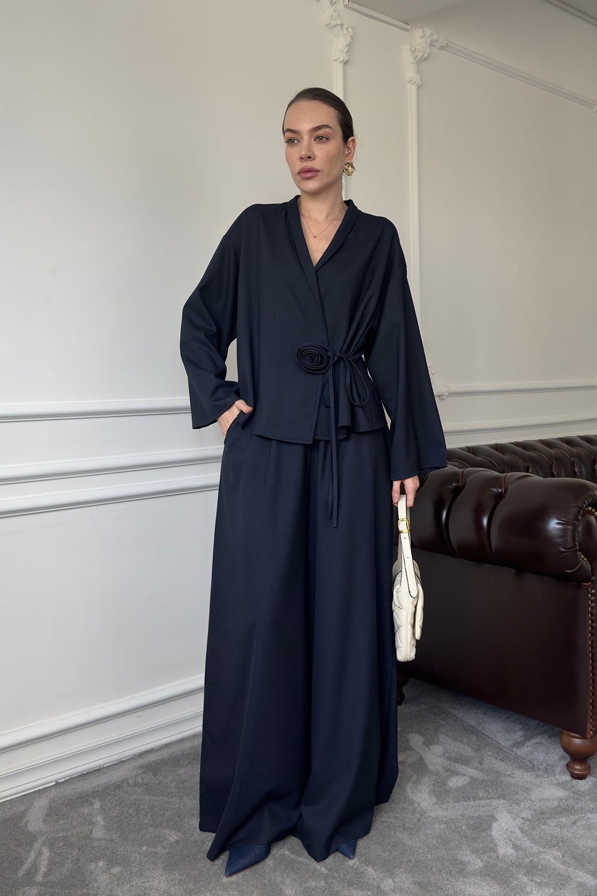 Gül Detay Beli Lastikli Kimono Takım- LACİVERT