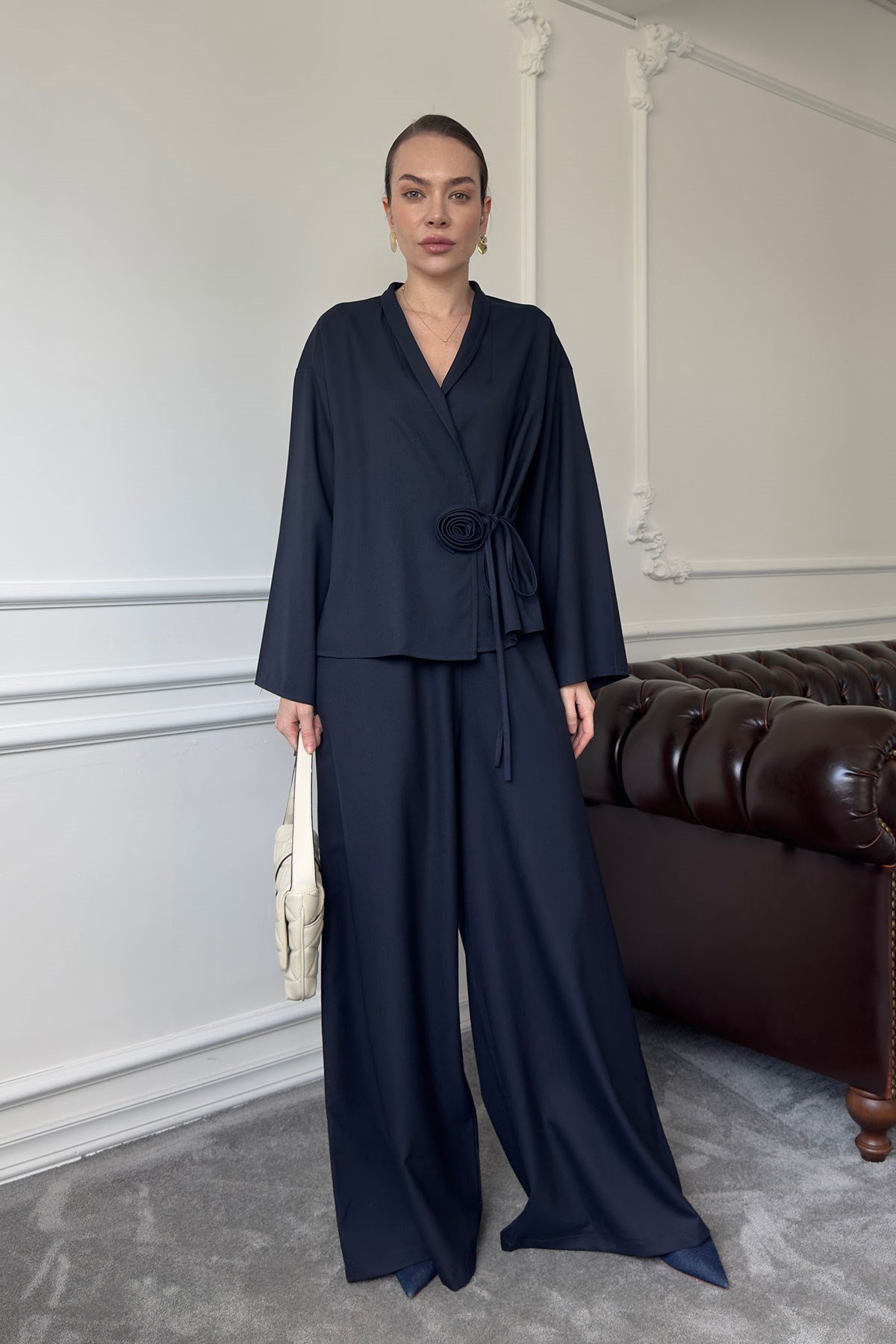 Gül Detay Beli Lastikli Kimono Takım- LACİVERT