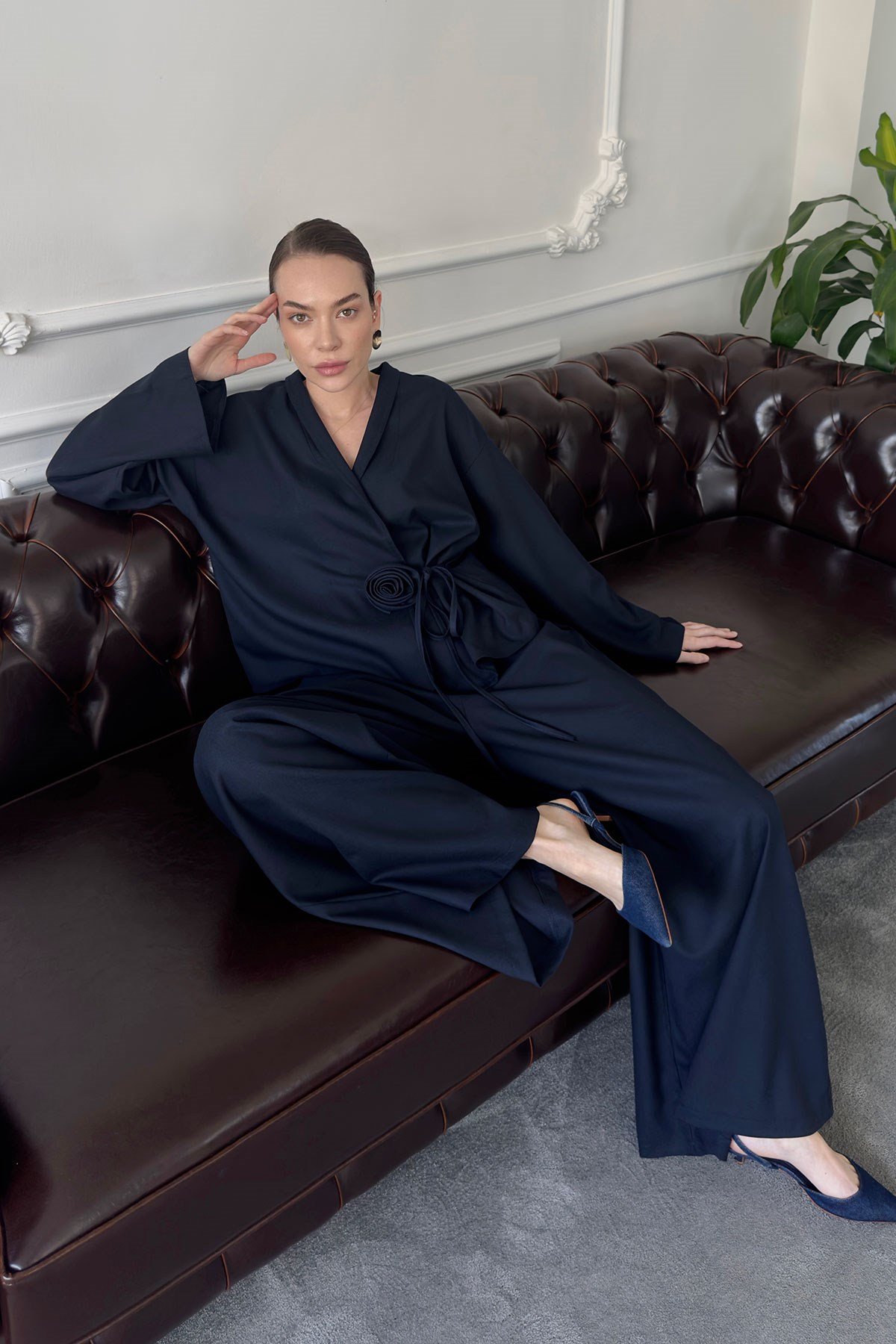 Gül Detay Beli Lastikli Kimono Takım- LACİVERT