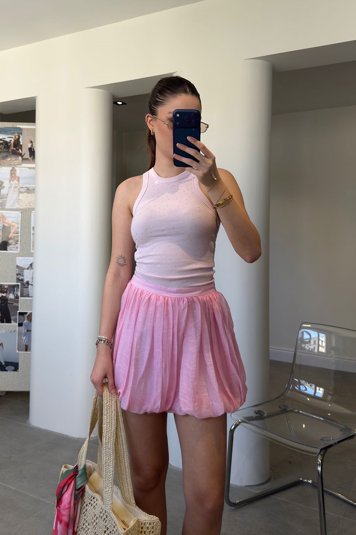 İçi Astarlı Pileli Şort Etek- PEMBE