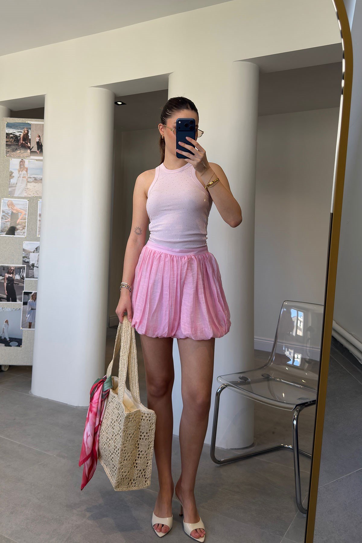 İçi Astarlı Pileli Şort Etek- PEMBE