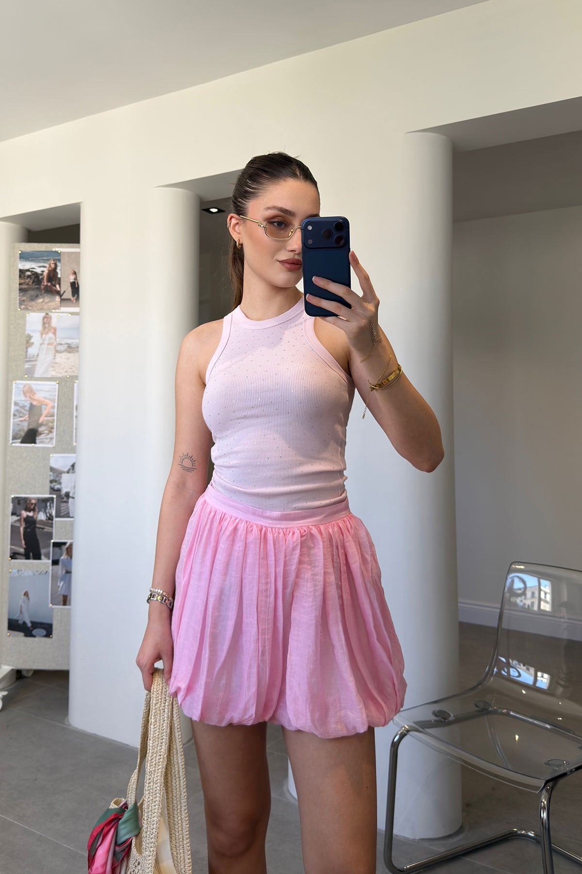İçi Astarlı Pileli Şort Etek- PEMBE
