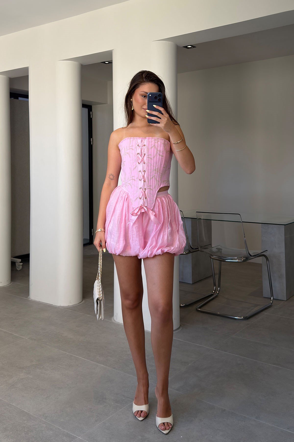 İçi Astarlı Pileli Şort Etek- PEMBE
