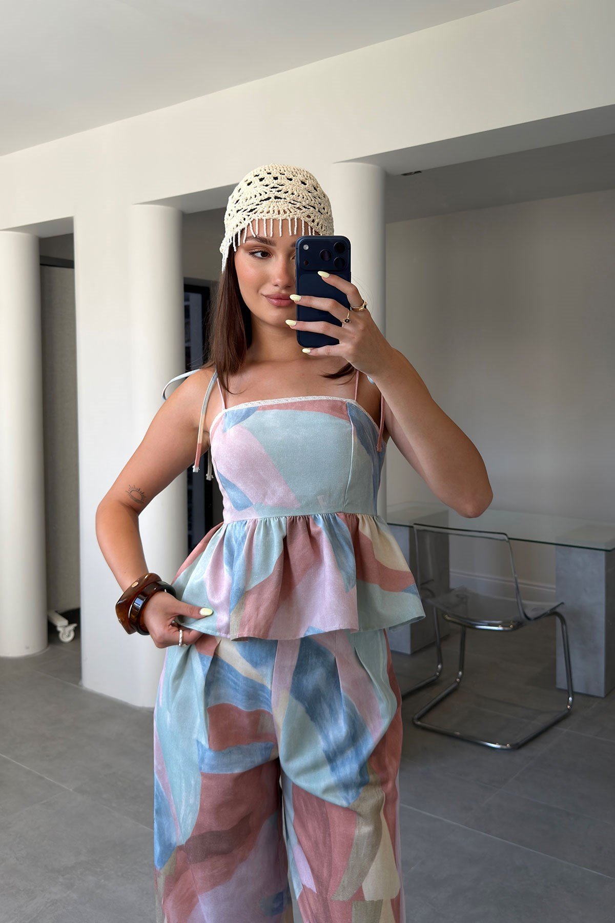 İp Askılı Biye Detaylı Desenli Takım- PEMBE