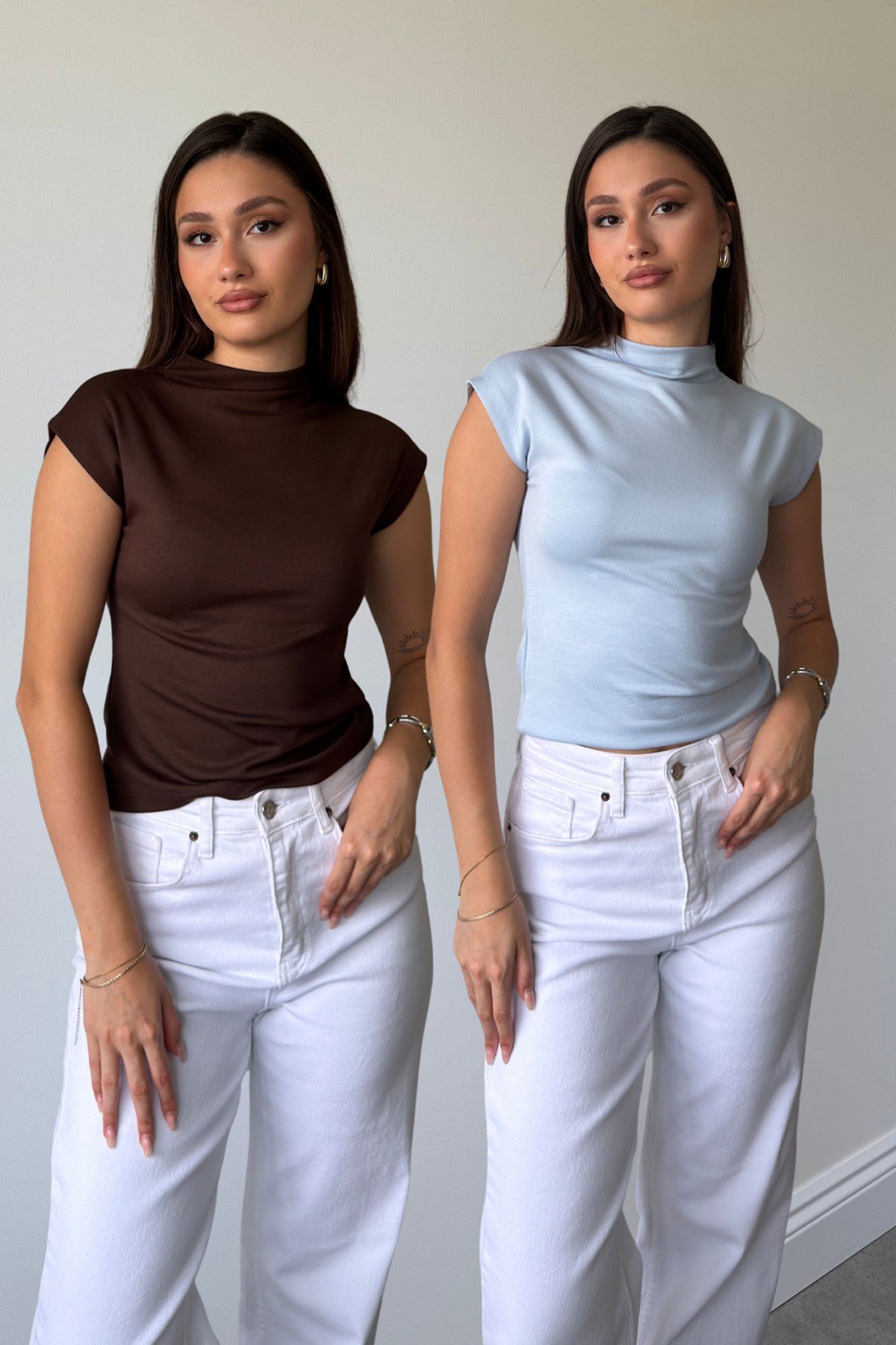 KAHVE MAVİ 2'Lİ PAKET PREMİUM DİK YAKA BLUZ- KAHVE MAVİ