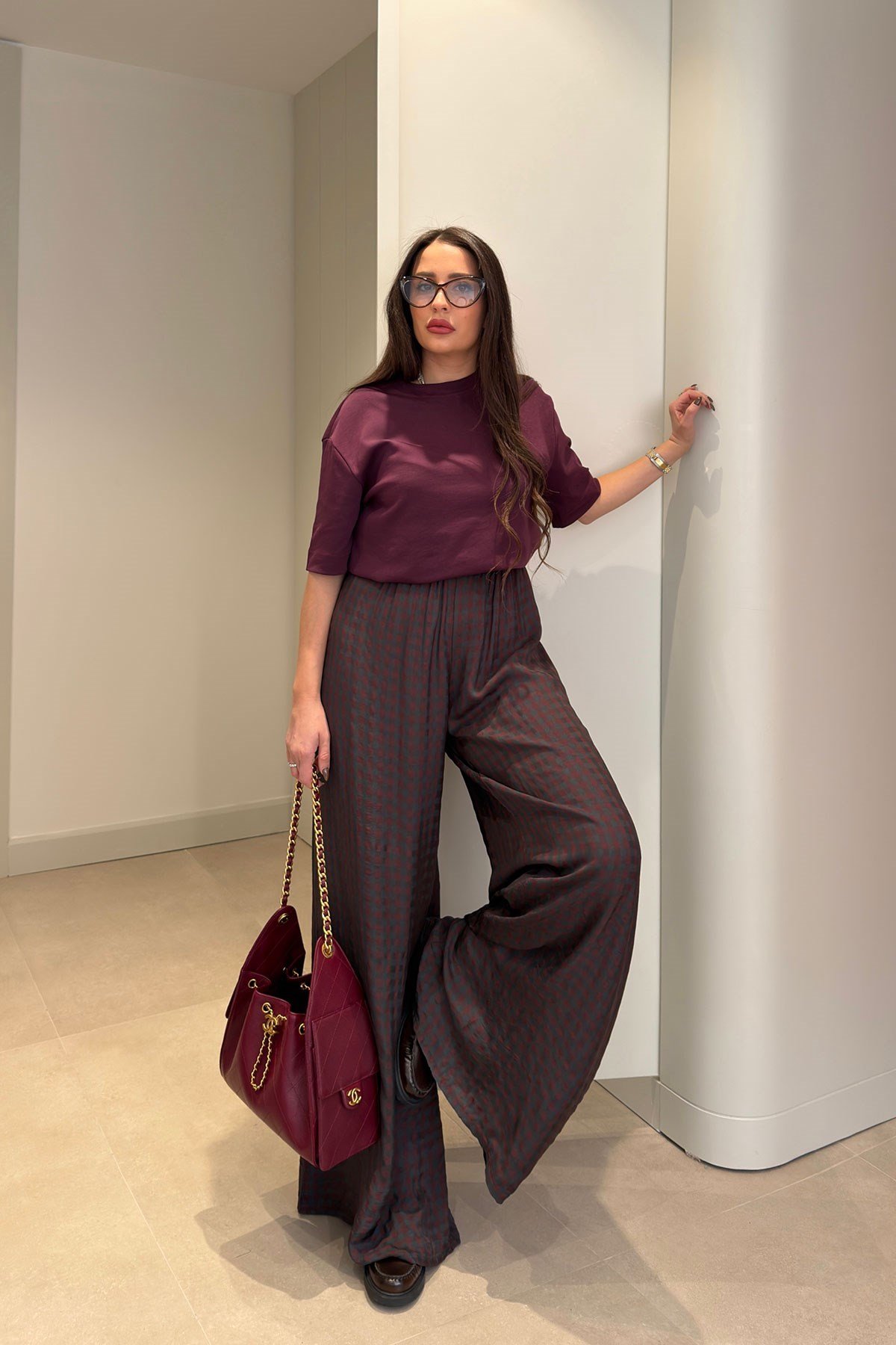 Kare Desenli Beli Lastikli Pantolon- BORDO