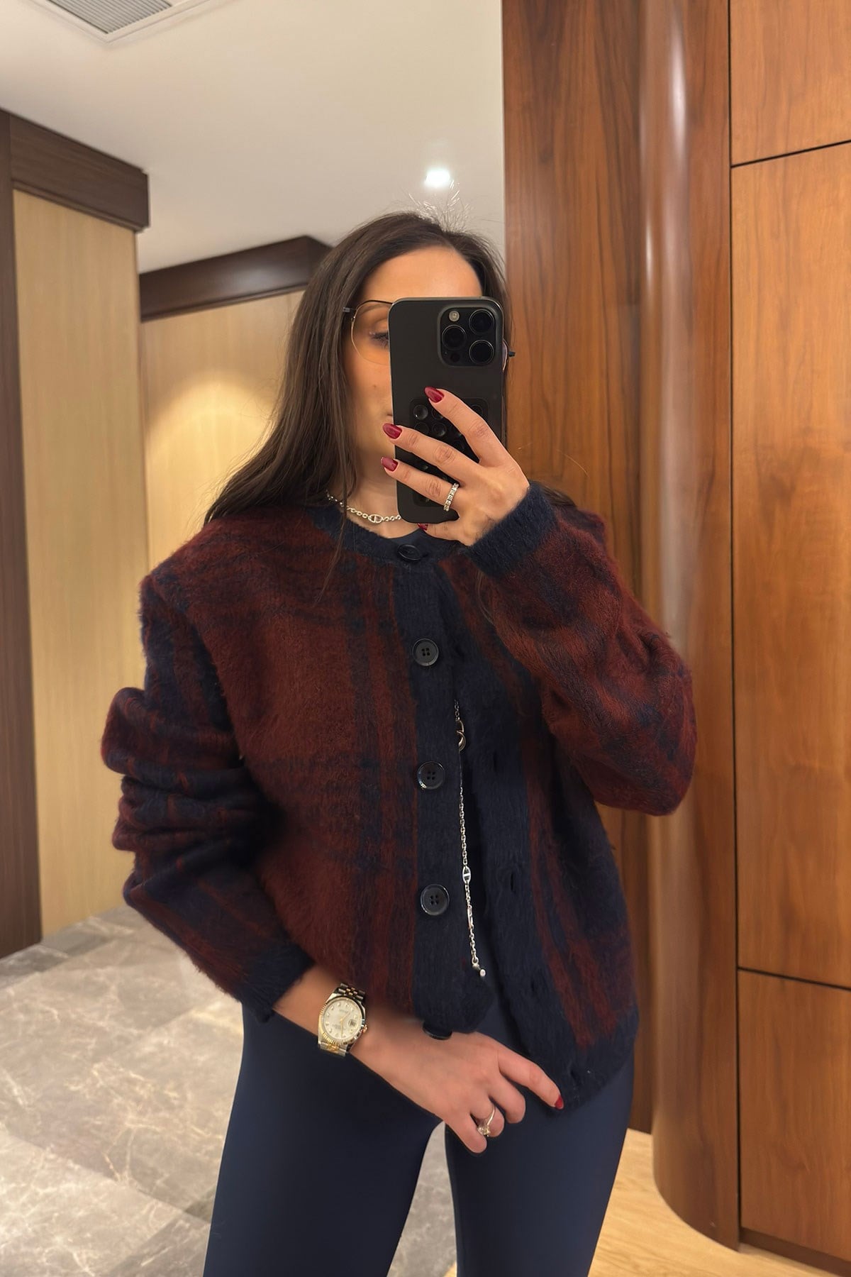 Kare Desenli Tüylü Premium Hırka- BORDO